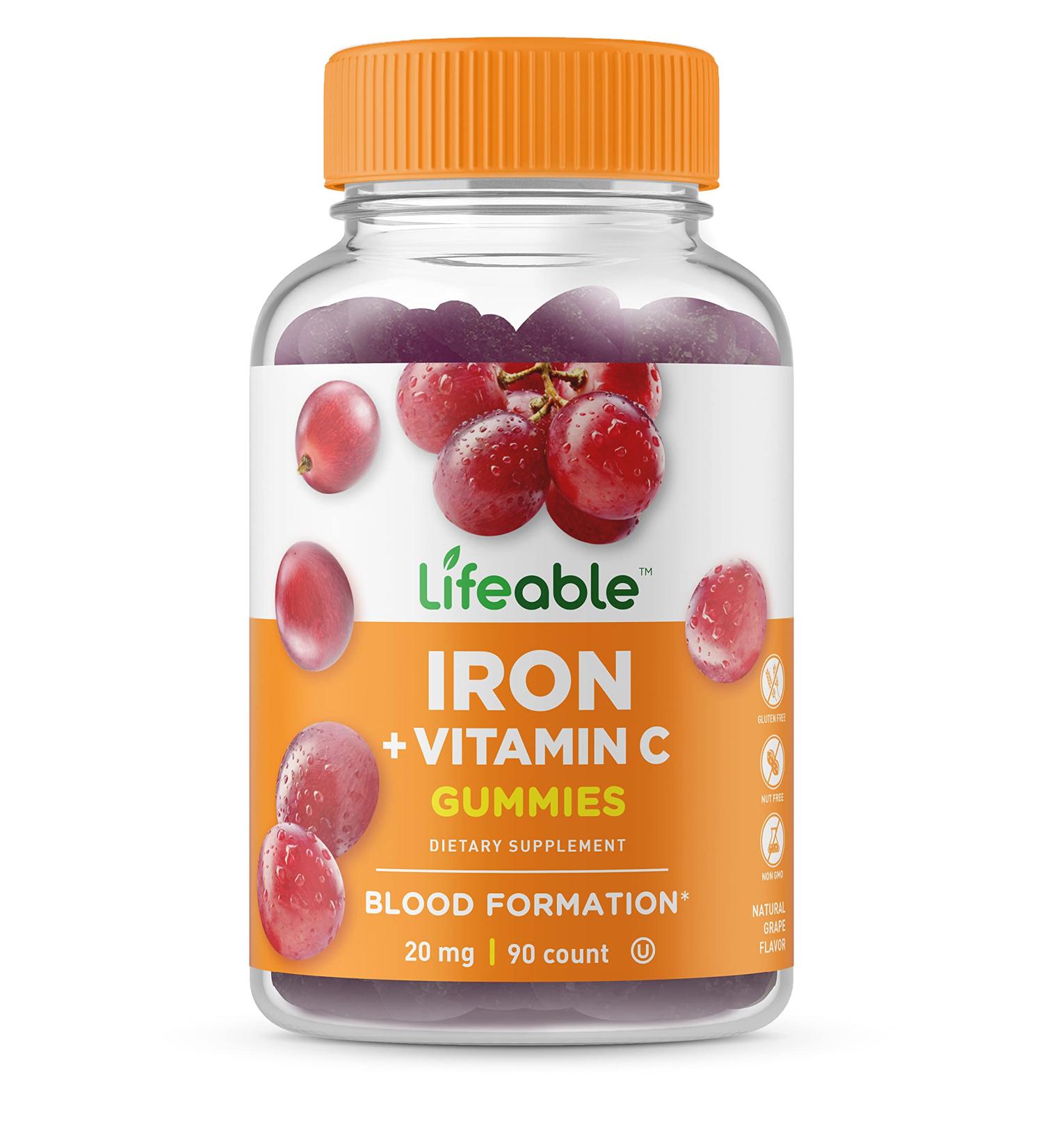 Lifeable Iron Gummies with Vitamin C - 20 mg - Gluten-Free Vegetarian Chewable Supplement - for Iron Deficiency - 90 Gummies - Buy Online on GoSupps.com
