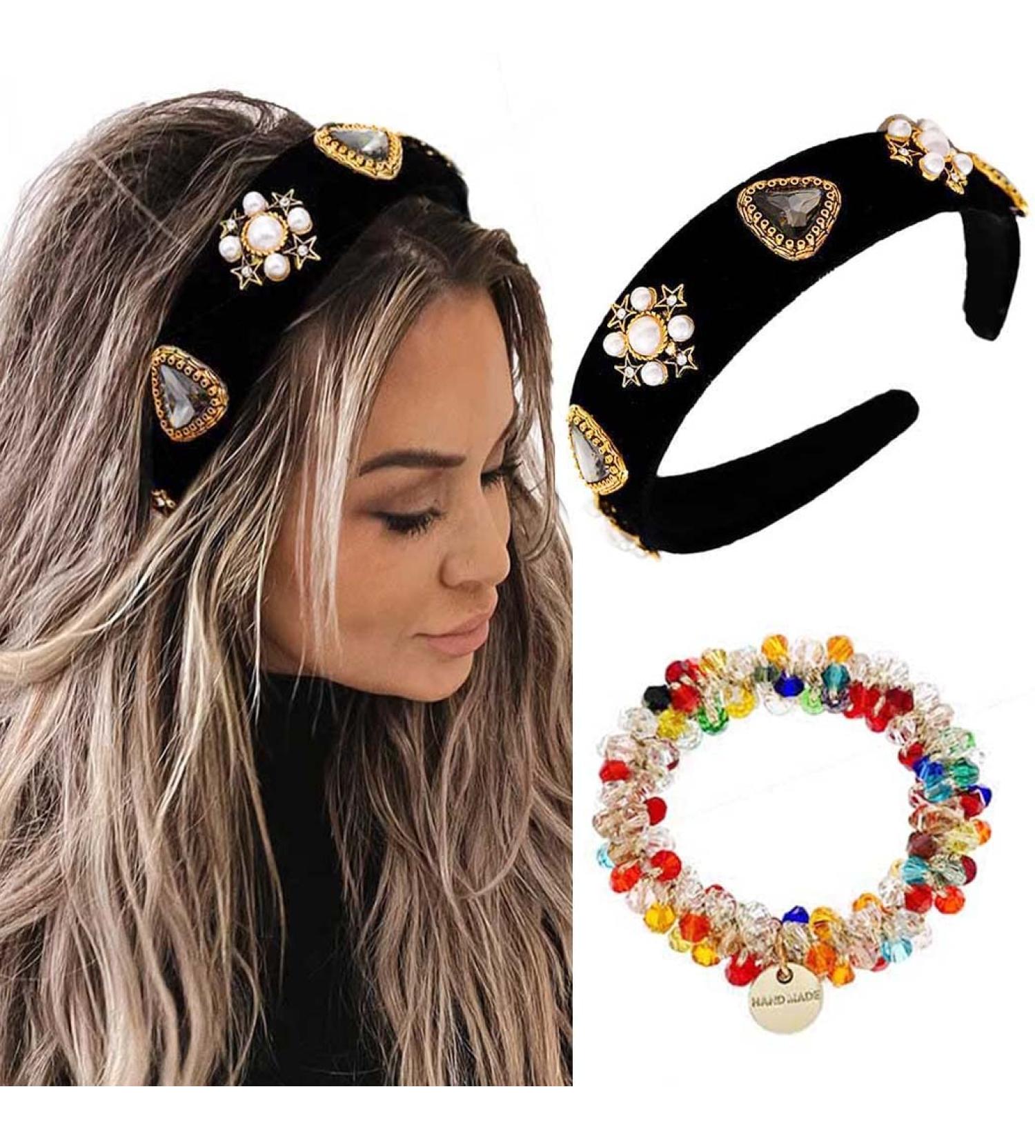 Coridy Black Baroque Pearl Rhinestone Headband with Beaded Hair Ties - Handmade Velvet Hair Hoop for Women (Elegant) - Buy Online on GoSupps.com