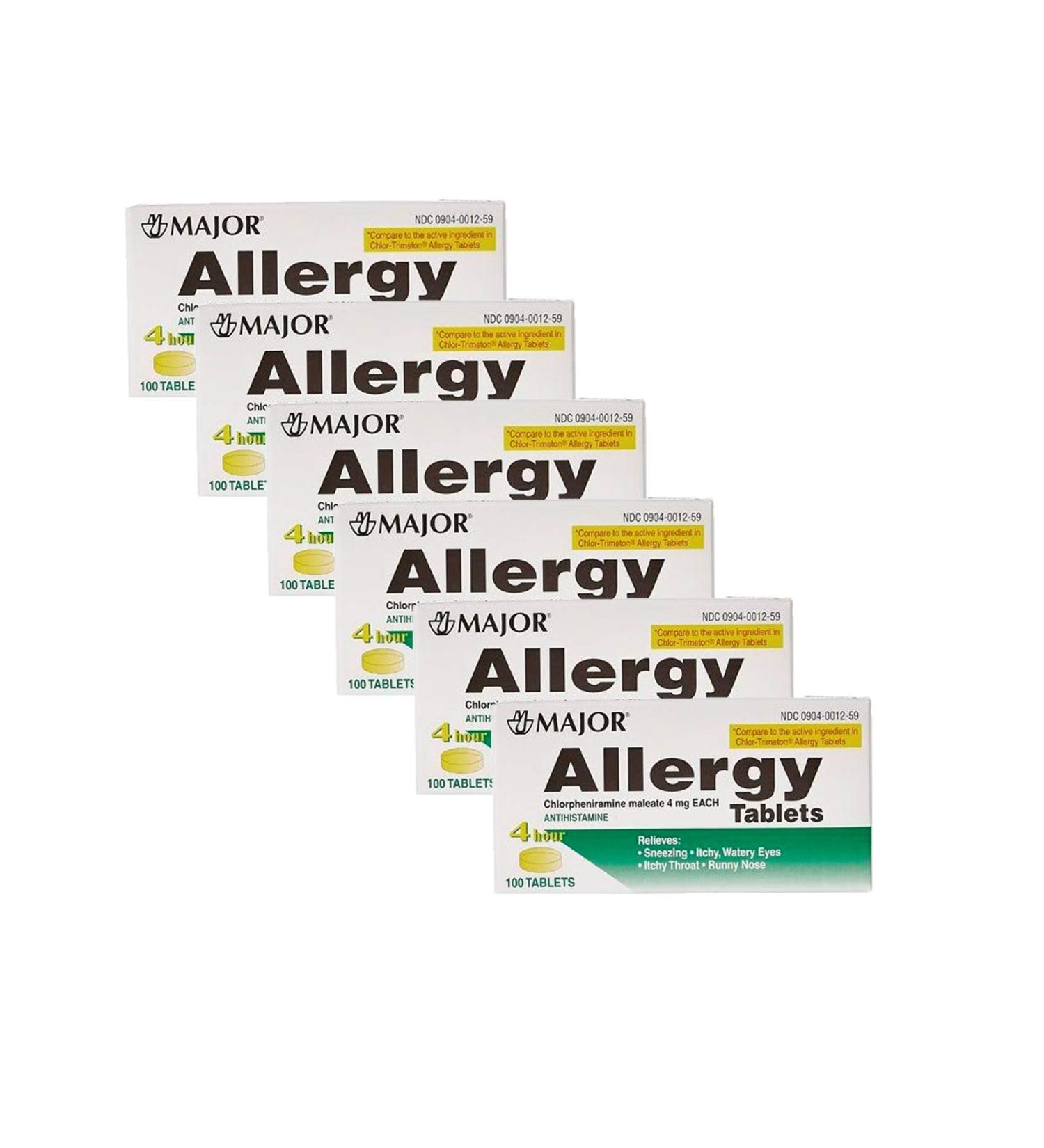 6 Pack Anti-Allergy Antihistamine Chlorpheniramine Maleate 4 Mg Generic for Chlor-trimeton Allergy 100 Tablets Per Bottle 6 Pack Total 600 Tablets