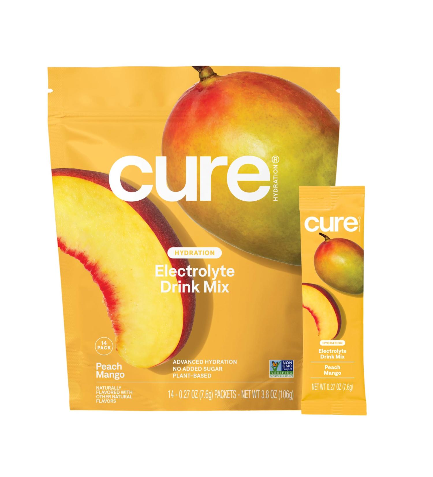 Cure Hydration | Plant-Based Electrolyte Drink Mix | No Added Sugar | FSA-HSA | Dehydration Relief Powder Made with Coconut Water | Non-GMO | Vegan | Pouch of 14 Packets - Peach Mango - Buy Online on GoSupps.com