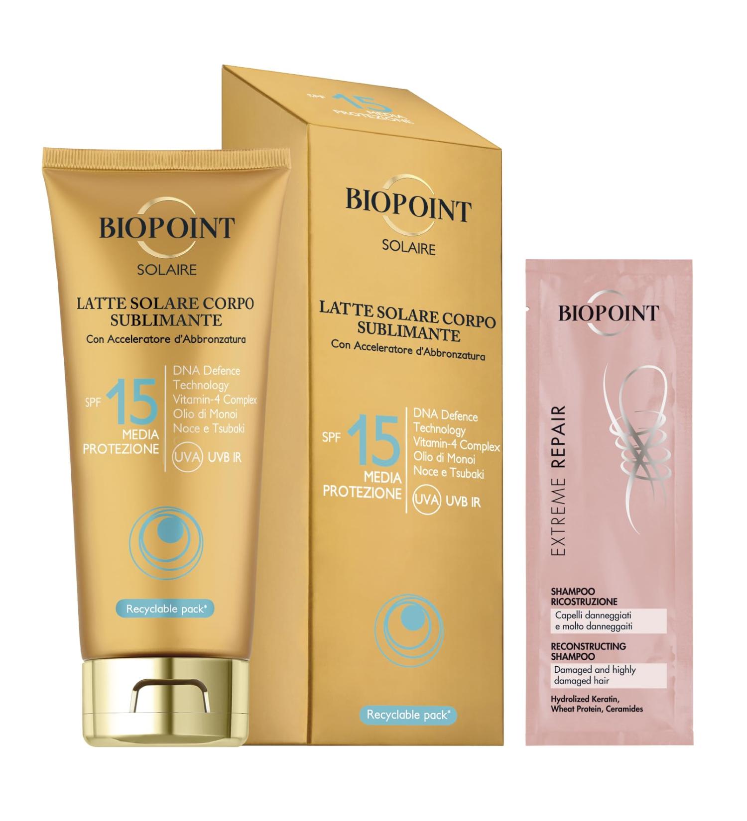 BIOPOINT Biopoint Solaire - Sublimating Sun Lotion SPF 15 with Tanning Accelerator Antioxidant and Moisturizing Action 200 ml with Champion Extreme Repair Shampoo 10 ml