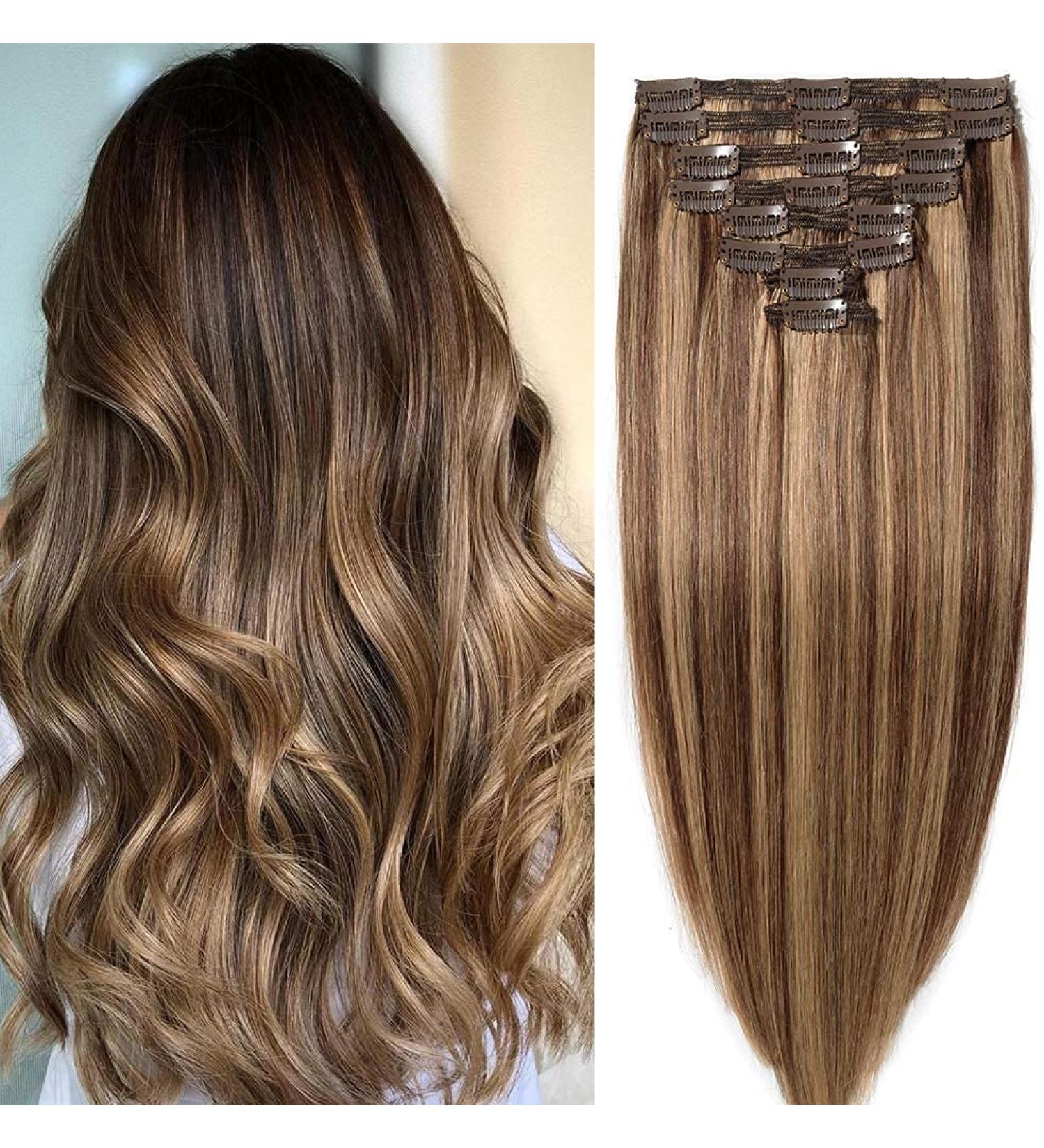Premium Clip-In Real Hair Extensions - Thick Double Drawn 8pcs (18 Clips) - Medium Brown/Dark Blonde (#4/27) - 40cm 1330g - Buy Online on GoSupps.com