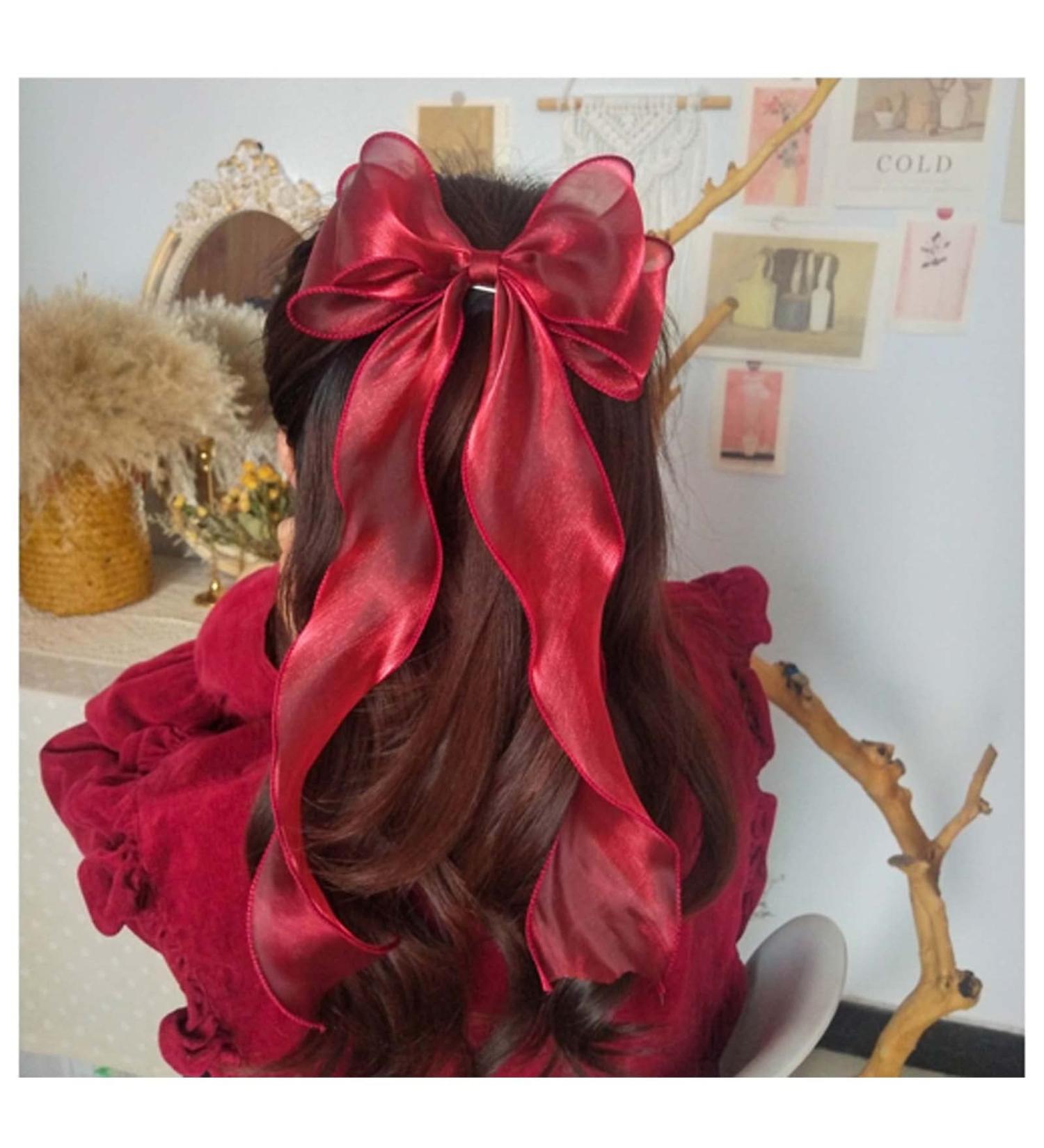 Allereya Vintage Long Silk Bow Hair Clip Barrette Ribbon Mesh Bow Head Clip Headwear Red Chiffon Bowknot Headpieces Silk Bow Hair Accessories for Women and Girls (Red) - Buy Online on GoSupps.com