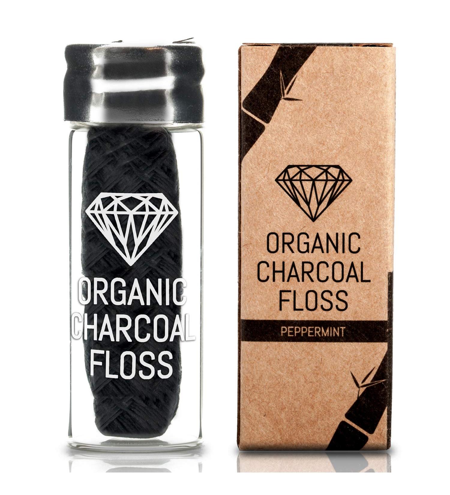 Organic & Vegan Plastic-Free Dental Floss with Activated Carbon - 32m Sustainable Dental Care in Glass Bottle - Buy Online on GoSupps.com