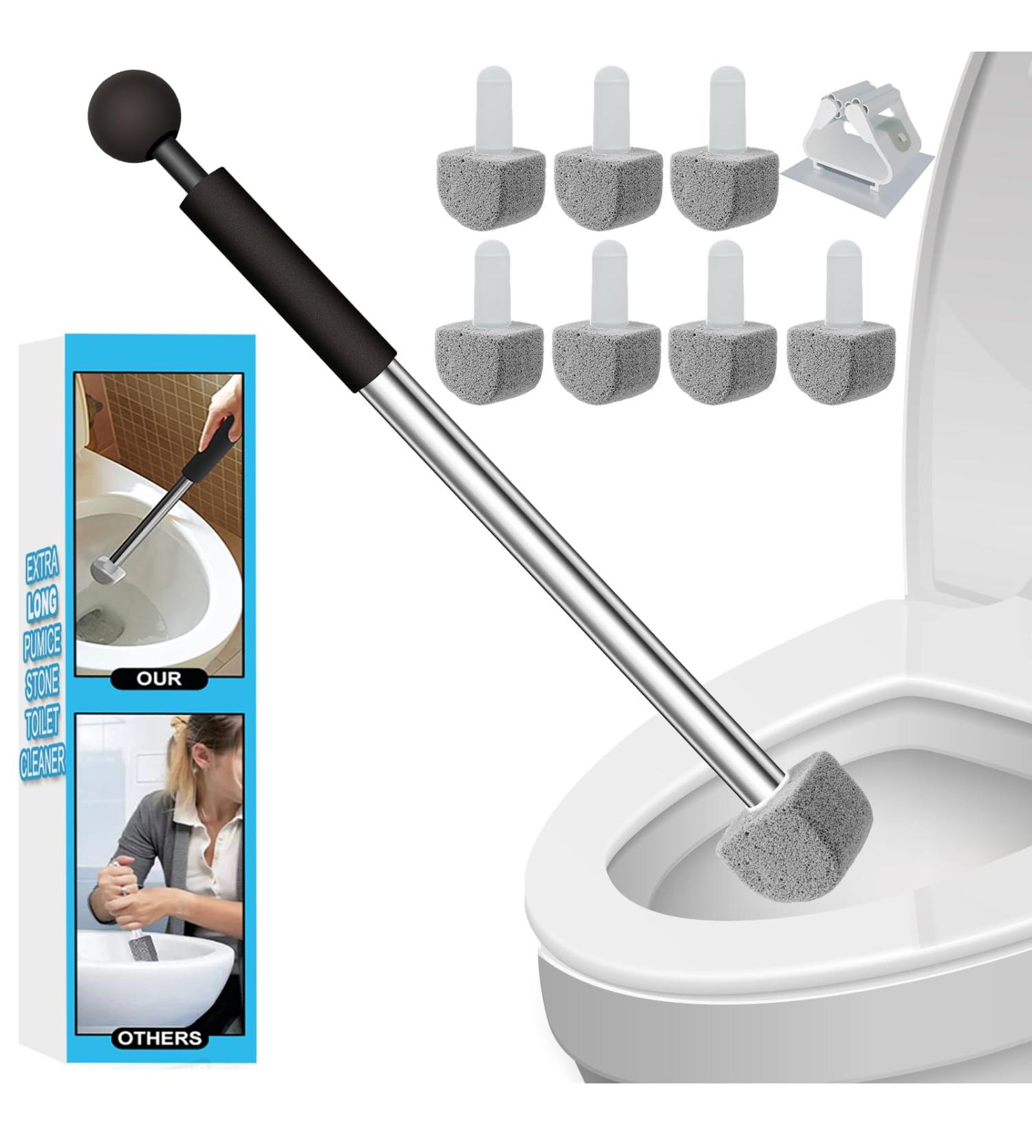 Effective Pumice Stone Toilet Bowl Cleaner Set - Long Handle Bathroom Brush & Hard Water Stain Remover - Includes 1 Wand 7 Pumice Stones & Wall Sticker - Buy Online on GoSupps.com