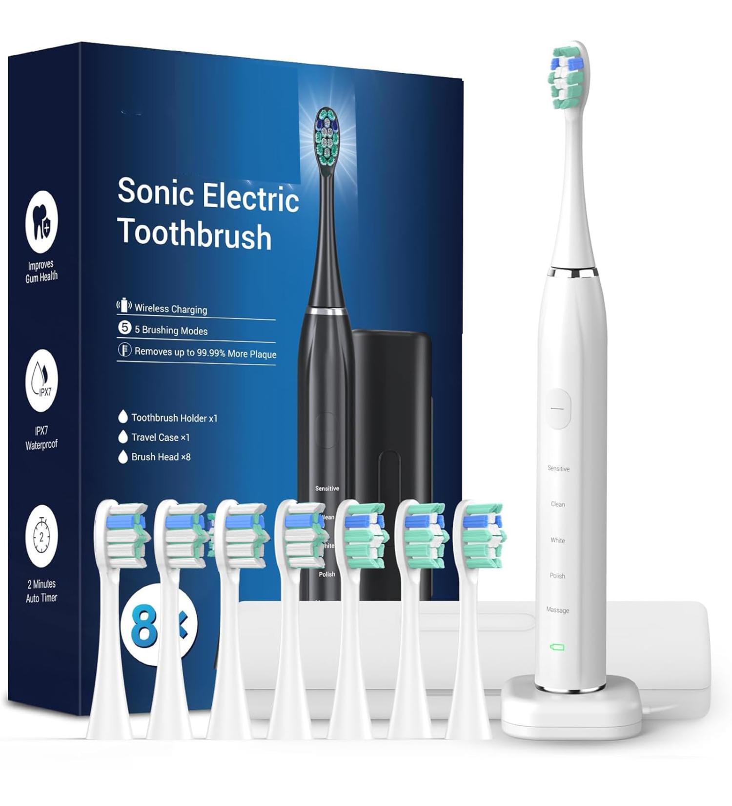 Buy Sonic Electric Toothbrush for Adults - 8 Brush Heads Travel Case & Holder - White | International Shipping - Buy Online on GoSupps.com