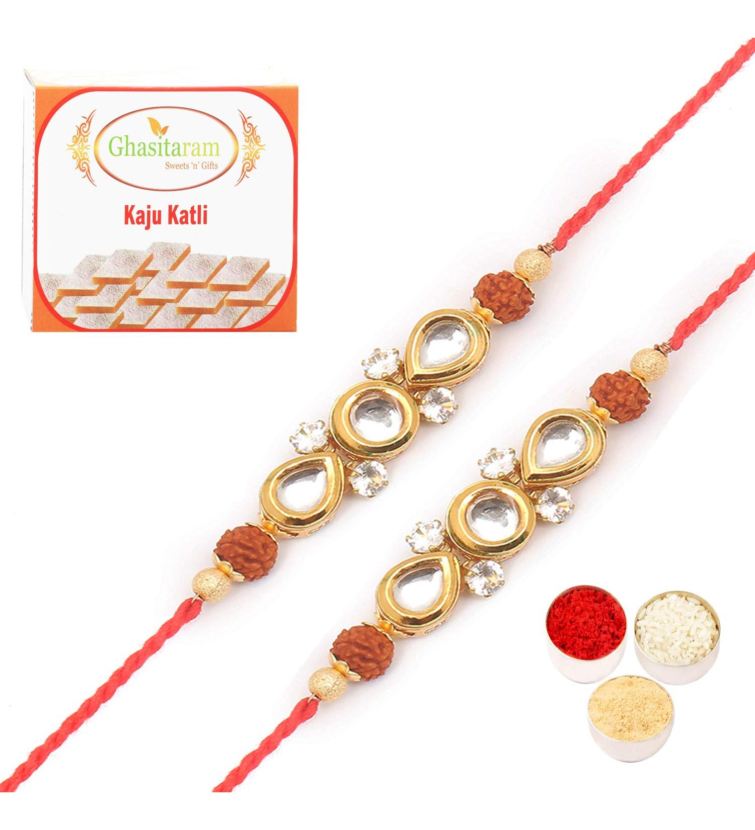 Ghasitaram Gifts Rakhi for Brother Rakhis Online - Set of 2 - HD8802 Fancy Thread Rakhi with 400 GMS of Kaju katli Set of 2 Rakhis with 400 gms of Kaju katli - Buy Online on GoSupps.com