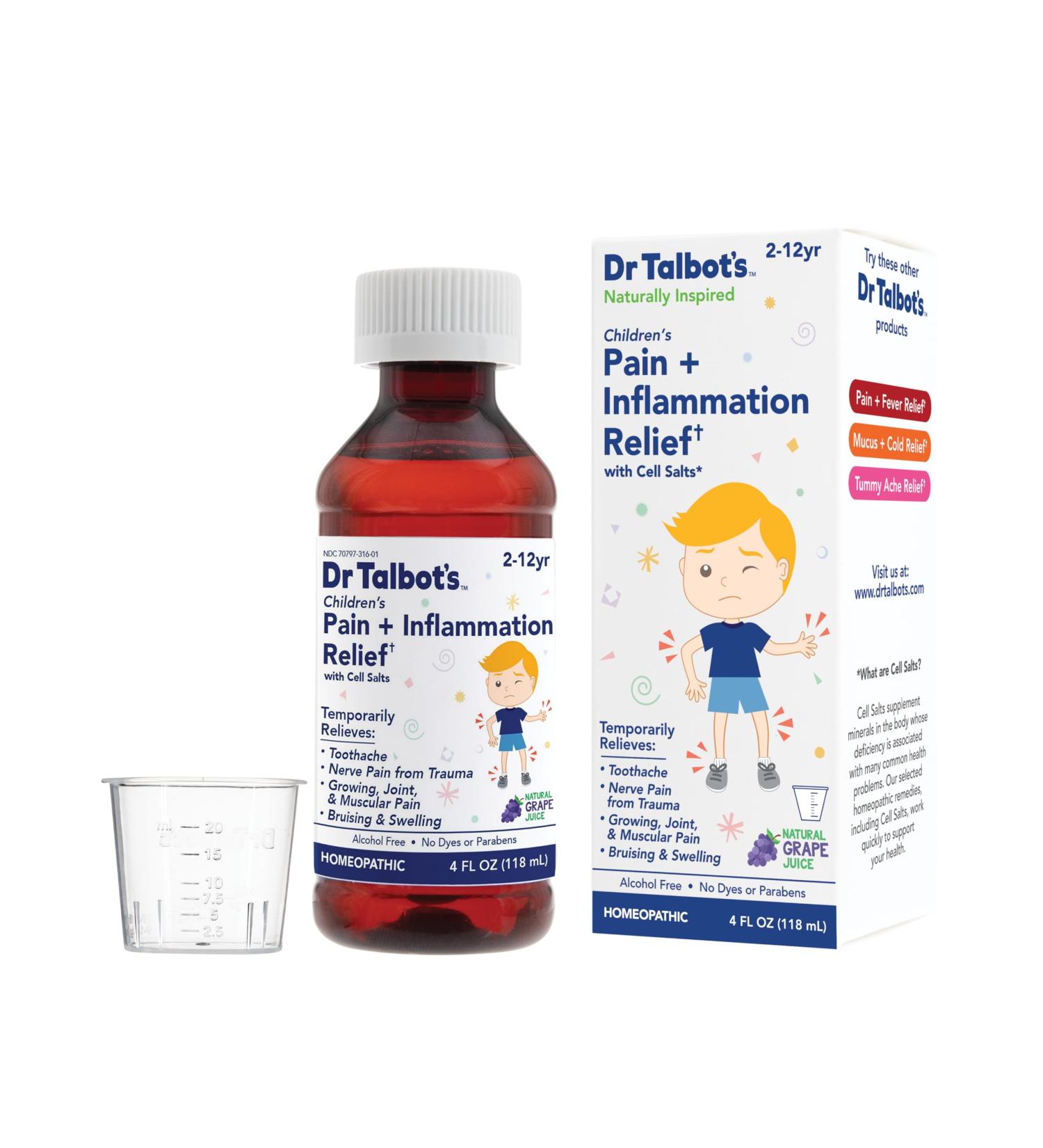 Dr. Talbot's Pain + Inflammation Relief Liquid Medicine for Children, Includes Dosage Cup, Grape Juice Flavor, 4 Fl Oz (Packaging May Vary) 4 Fl Oz (Pack of 1) Children's Pain + Inflammation - Buy Online on GoSupps.com