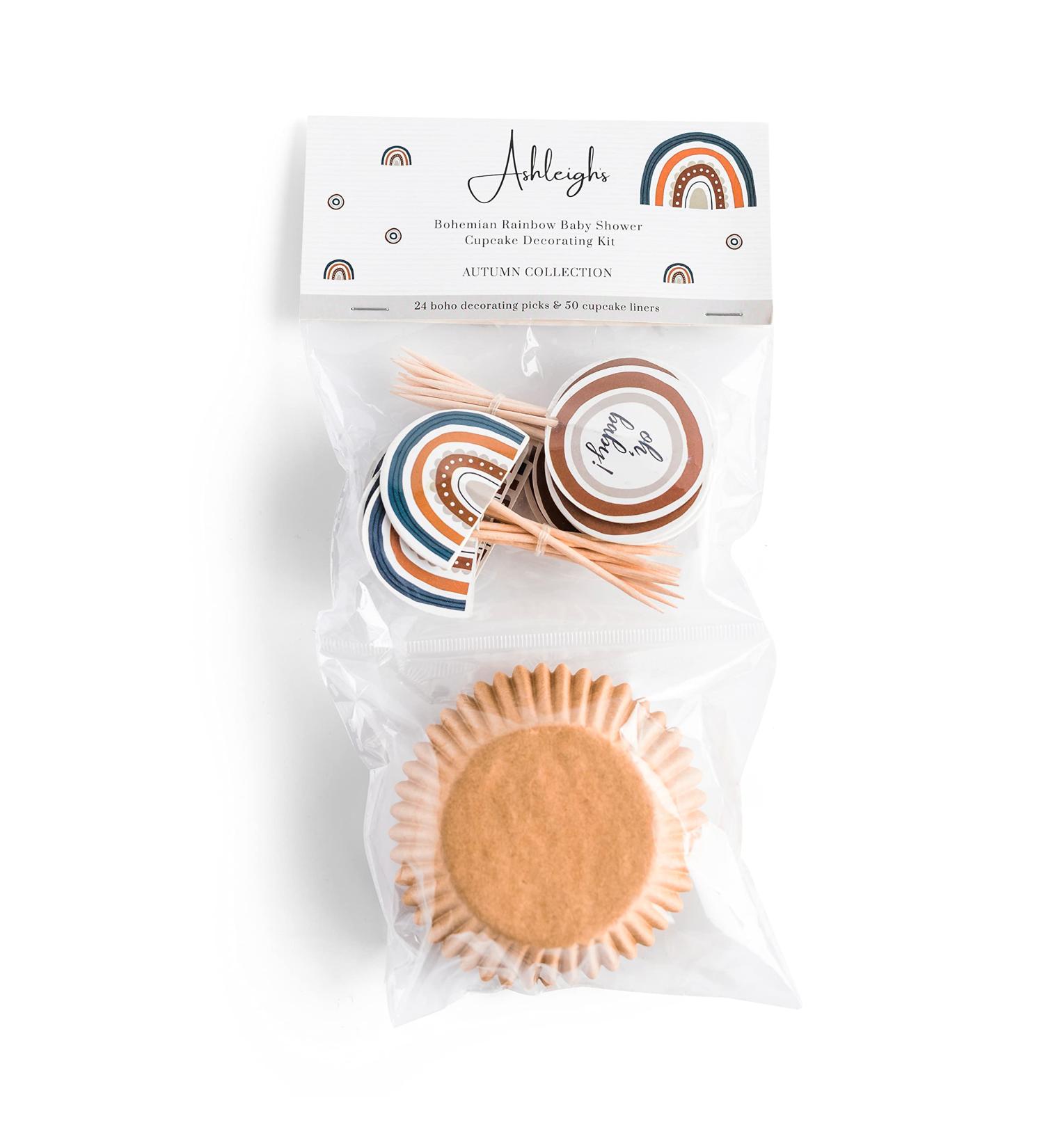 Ashleigh's Boho Rainbow Baby Shower Cupcake Topper Set: 24 Bohemian Rainbow Cupcake Picks & 50 Cupcake Liners Gender Neutral Blues and Browns - Buy Online on GoSupps.com