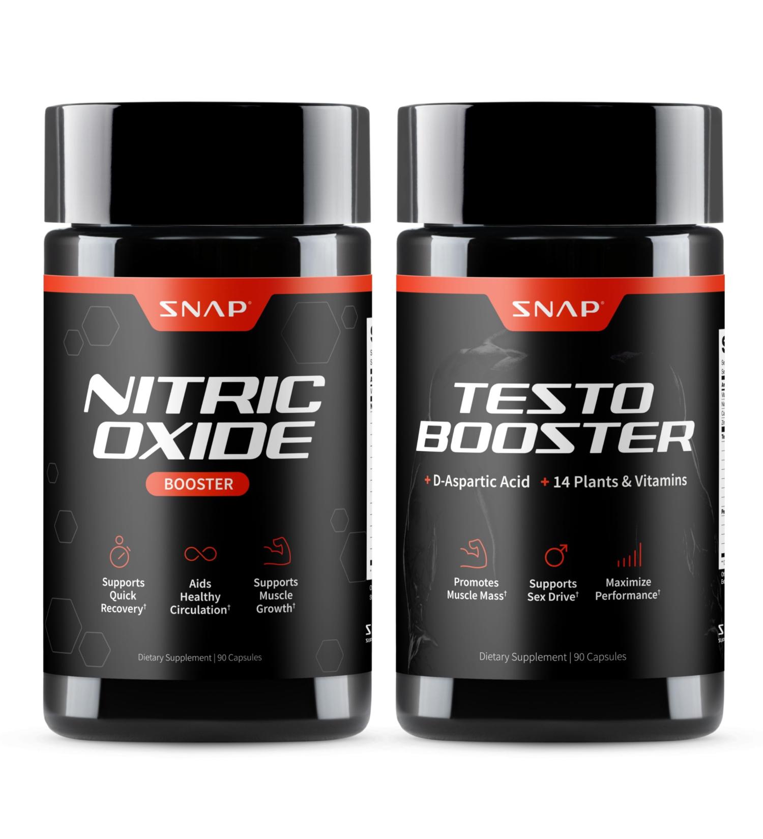 Snap Supplements Nitric Oxide Booster + Testo Booster Supplement Bundle for Men 90 Vegetarian Capsules Each - Buy Online on GoSupps.com