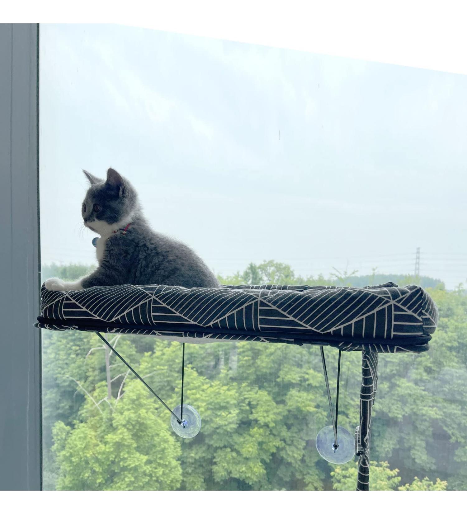 Cat Hammock Window Seat - Lower Support Safety Iron Perch for Indoor Cats - Enjoy 360 Sunbathing - Black Diamond Design - Buy Online on GoSupps.com
