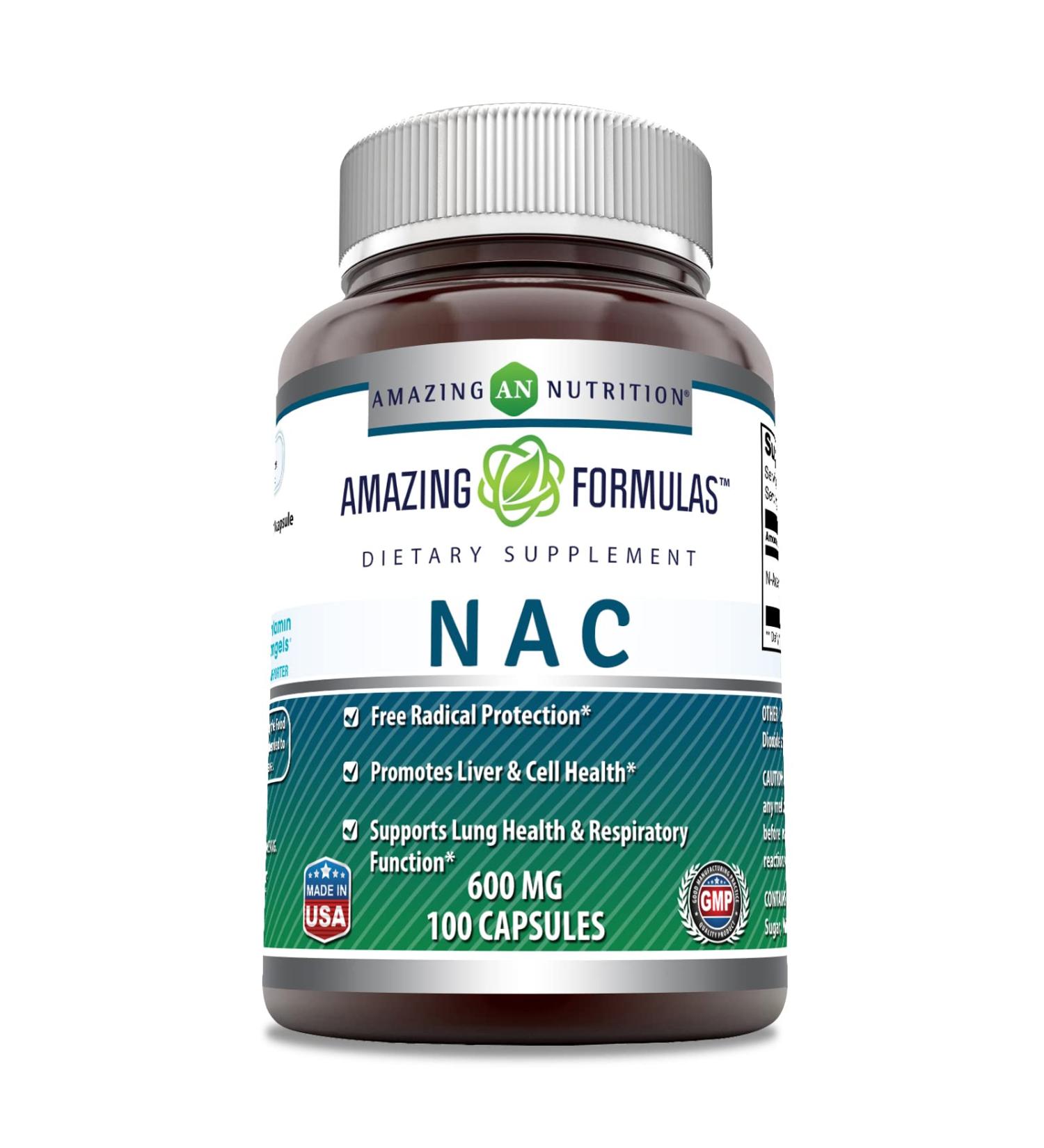 Amazing Formulas NAC (N-Acetyl Cysteine) 600mg Capsules - Antioxidant Support for Heart, Kidney, Liver & Respiratory Health - 100 Count - Buy Online on GoSupps.com