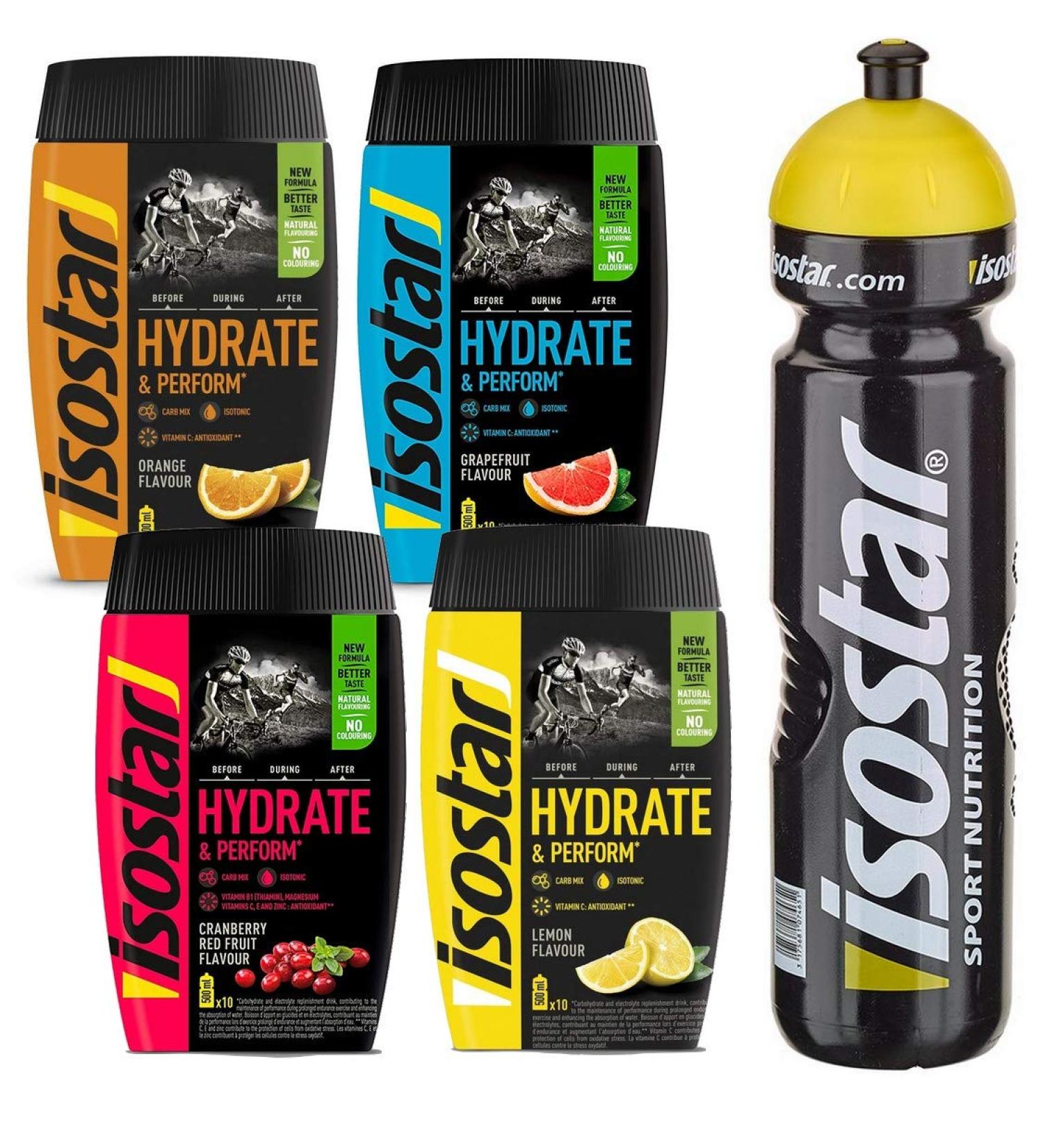 Isostar Hydrate & Perform Iso Drink - Electrolyte Powder (Orange Lemon Cranberry Grapefruit) 4x400g + 1L Bottle | International Shipping - Buy Online on GoSupps.com