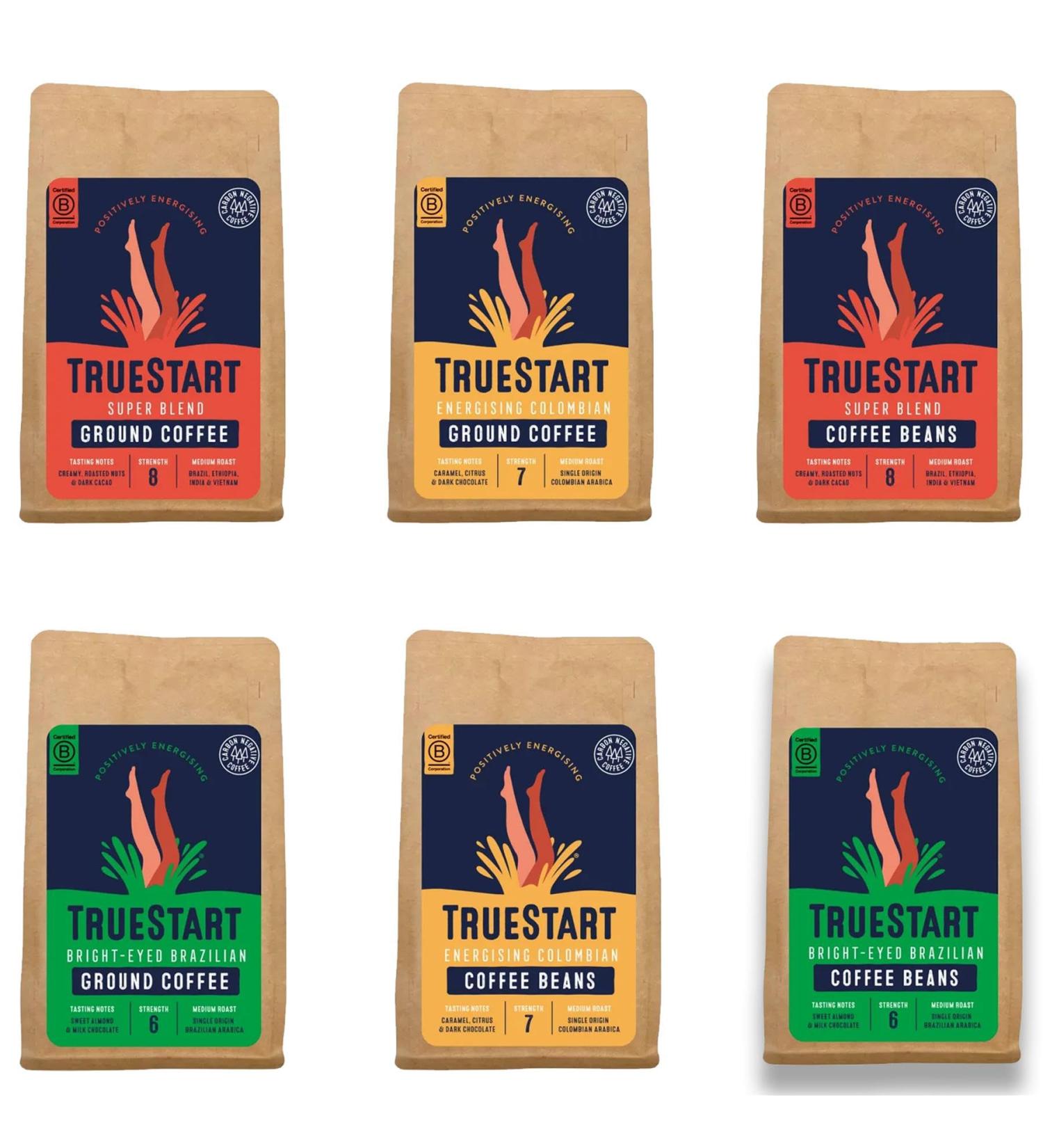 TrueStart Ground Coffee Beans Pick N Mix - Choose From 6 Flavours | Energising-Colombian-Ground Super-Blend-Ground Bright-Brazilian-Ground Energising-Beans - Pack of 4 X 200g 200 g (Pack of 4) - Buy Online on GoSupps.com