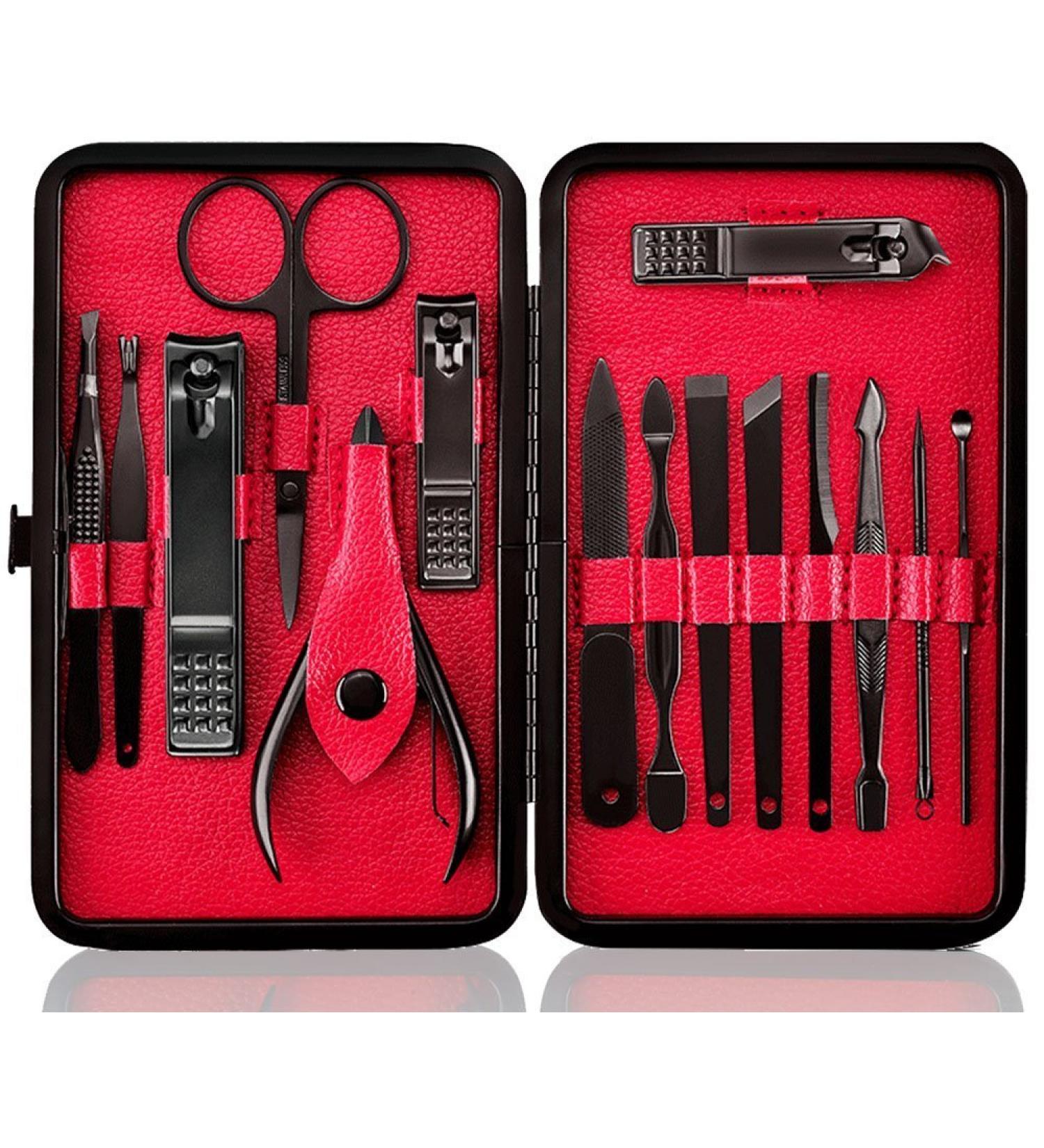 Manicure Set Nail Set Nail Clipper Kit Professional - Stainless Steel Pedicure Set Nail Grooming Kit of 15pcs with Case for Travel (Black/Red) - Buy Online on GoSupps.com