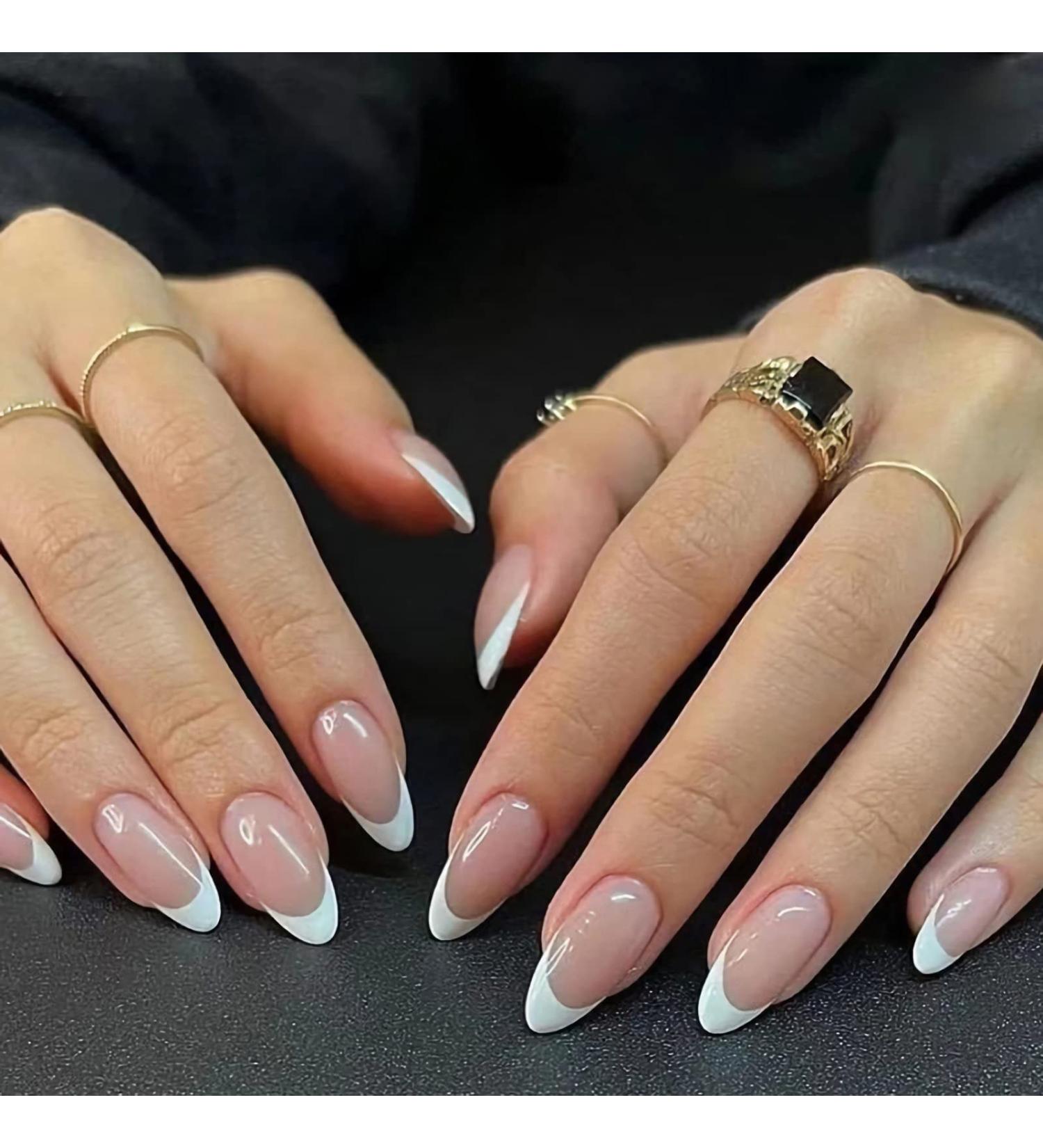 Glossy White French Tip Almond Shape Press-On Nails - Medium Length | Full Cover Acrylic False Nails with Cute Design for Women - Buy Online on GoSupps.com