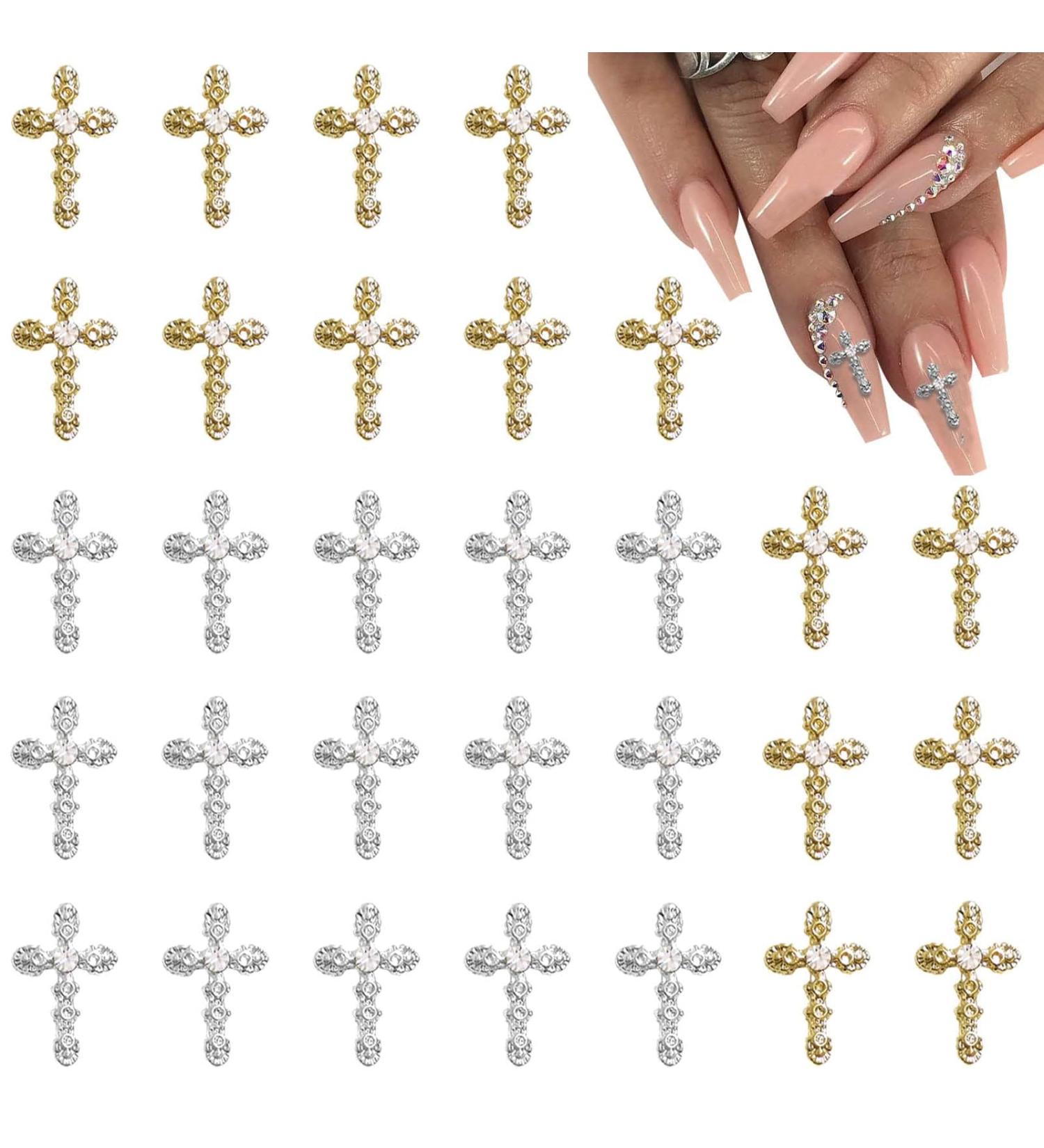Kryzalite 30-Piece 3D Cross Nail Art Set - Gold & Silver Sparkle with Diamonds for Women's DIY Jewelry & Crafts - Buy Online on GoSupps.com