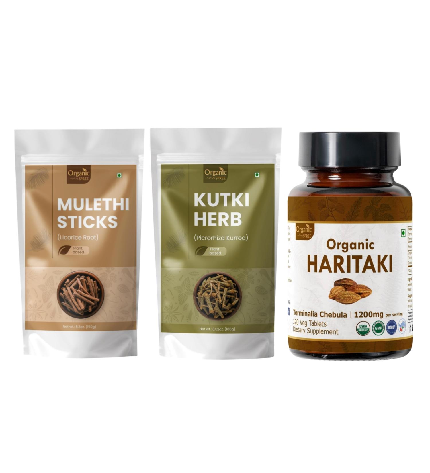 Organic Spree Mulethi Sticks, Kutki Herb & Haritaki Supplement 150g, 100g & 120 Tablets Pure Yashtimadhu, Picrorhiza Kurroa & USDA Organic Terminalia Chebula - Buy Online on GoSupps.com