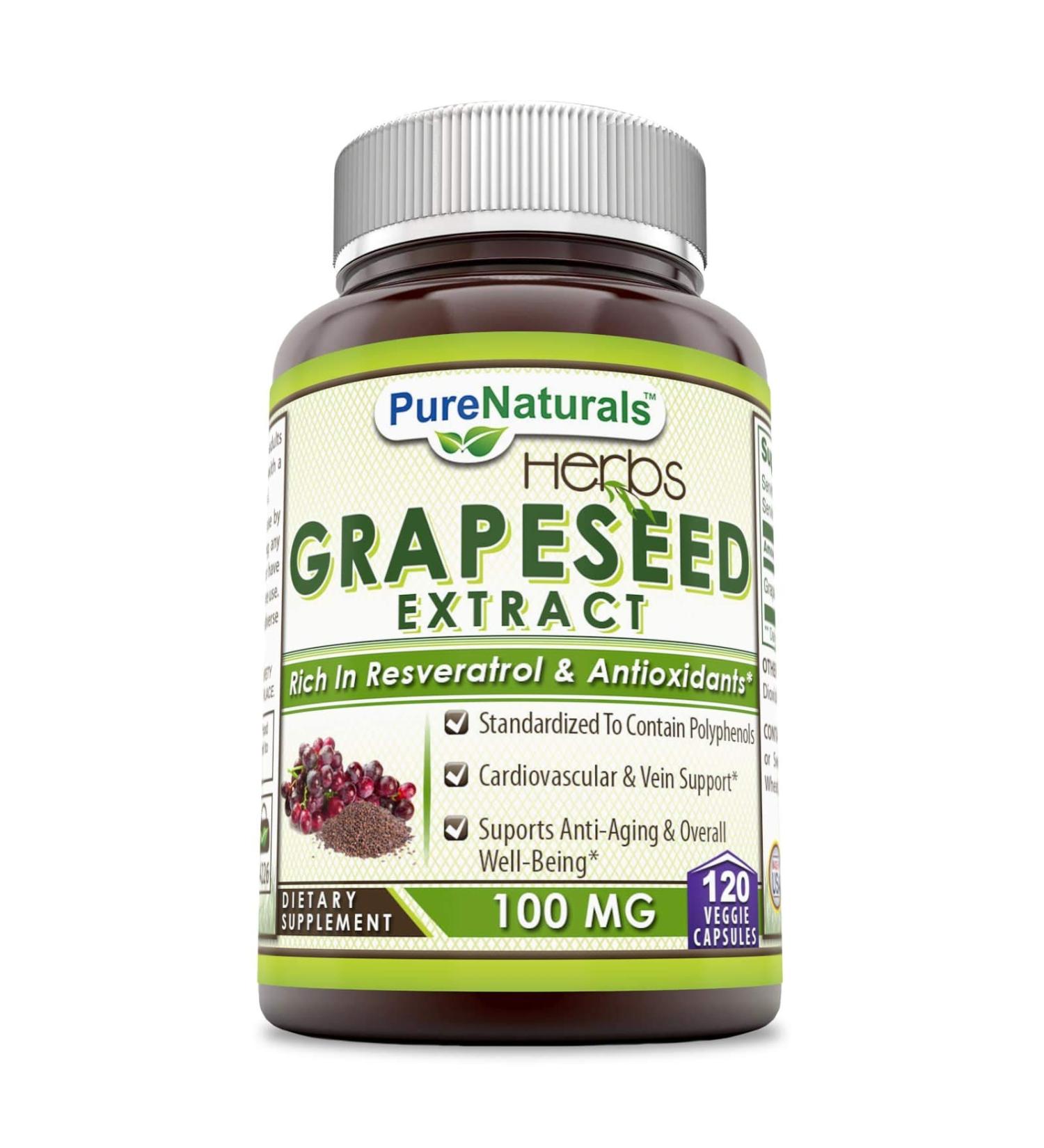 Pure Naturals Grapeseed Extract - 100mg Grape Seed Veggie Capsules Rich in Resveratrol - Easier to Swallow 120 Capsules- Standardized to Contain Polyphenols*- Supports Immune Health* Anti-Aging*