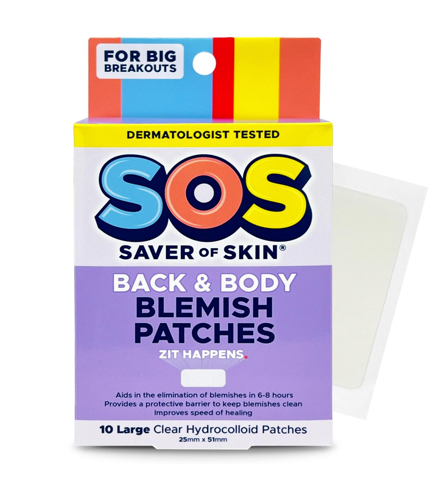 SOS SAVER OF SKIN - Hydrocolloid Acne Patches for Body Back Chest & More | 10 Count | Vegan & Latex Free - Buy Online on GoSupps.com