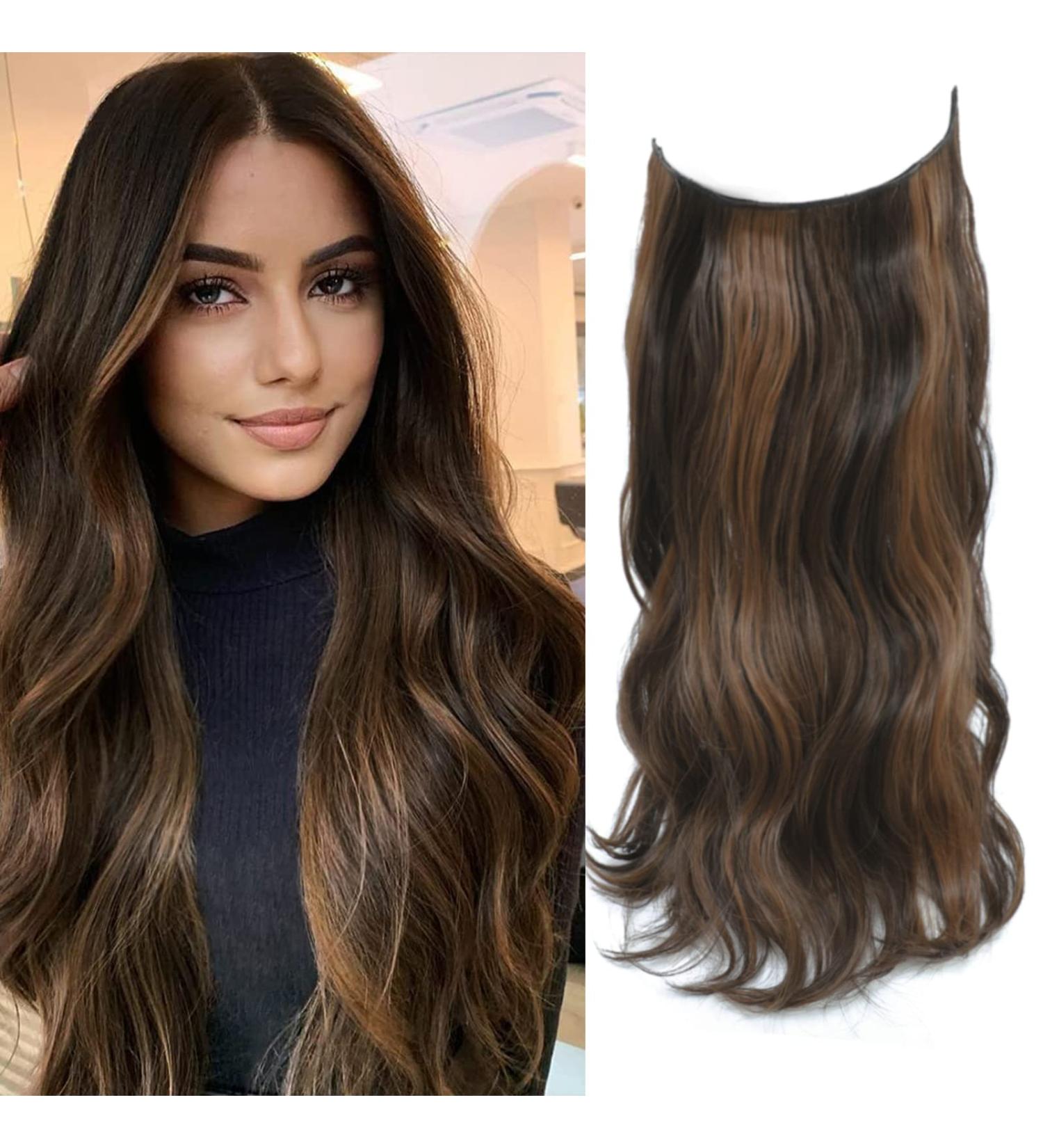 Invisible Hair Extensions 20 Wavy Synthetic Hair Pieces Dark Brown with Auburn Brown Highlights - Buy Online on GoSupps.com