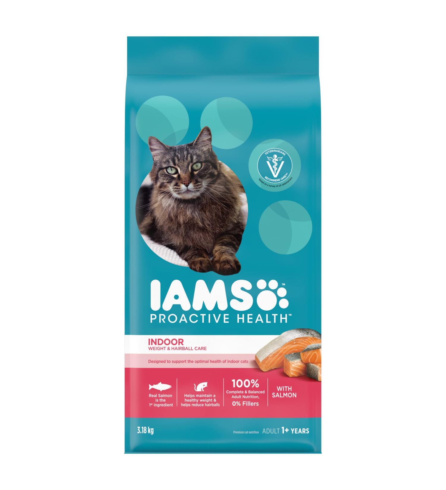 IAMS Proactive Health Dry Cat Food Adult - Indoor Weight & Hairball Care with Salmon 3.18kg Bag 3.18 kg (Pack of 1) Cat Food - Buy Online on GoSupps.com