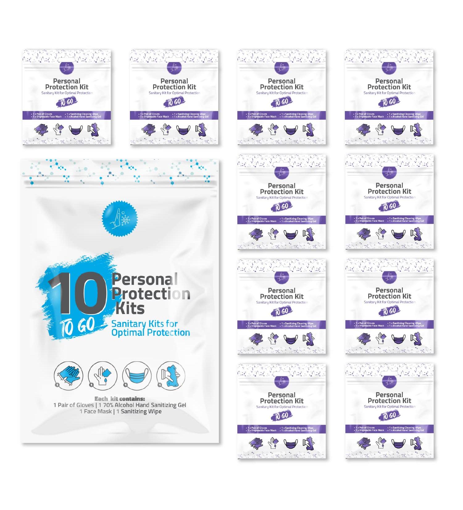 Personal Protection Kit TO GO Mini 4 Item PPE Kit for travel and school | Includes 1 Each of Face Covering Gloves Cleansing Wipes & Hand Cleansing Gel | 10 - Pack (Purple) - Buy Online on GoSupps.com