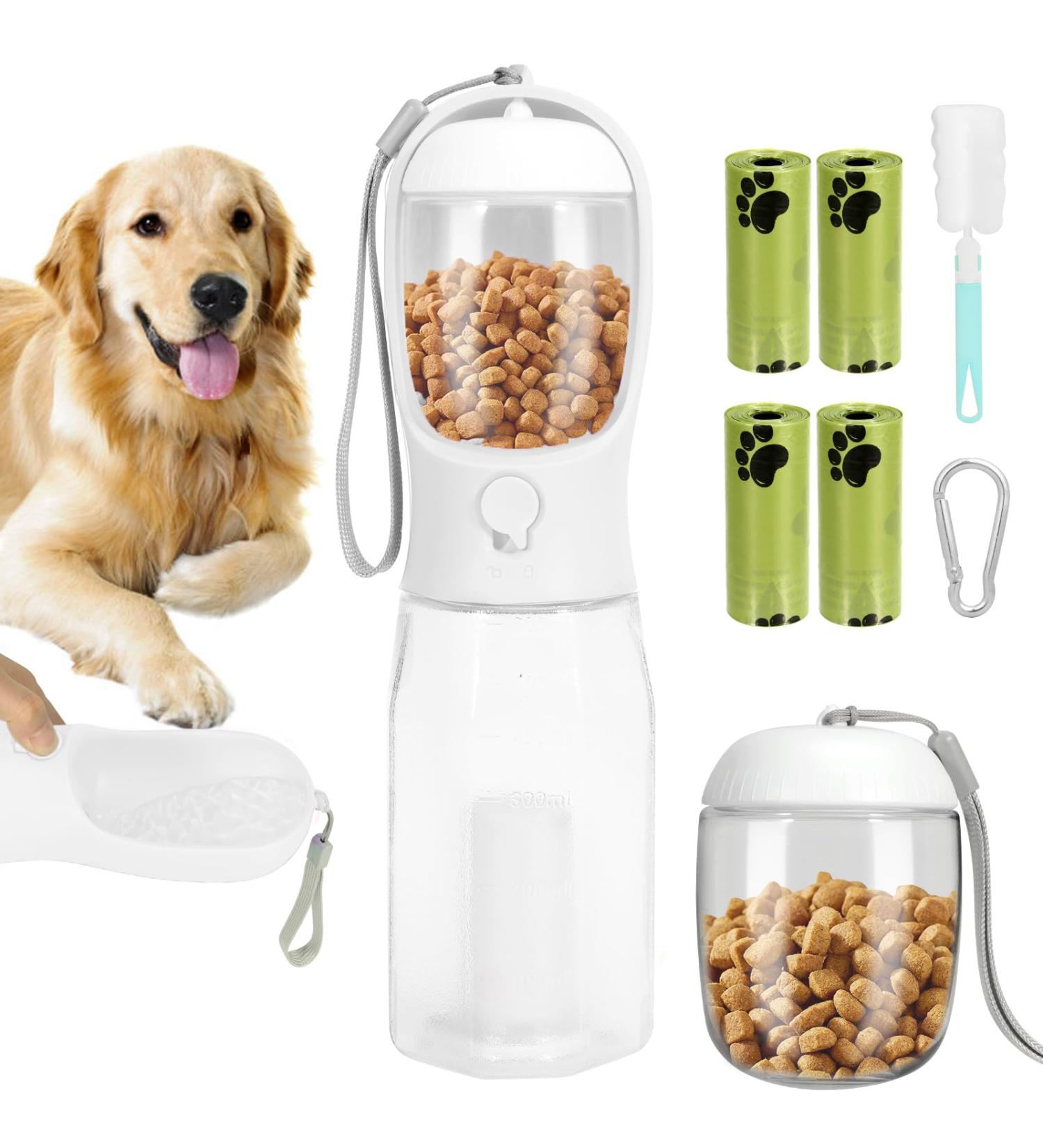 Buenotec 600ml Dog Drinking Bottle with Feed Container & Waste Bags - BPA-Free Portable Water Bottle with Activated Carbon Filter for Dogs & Cats - Travel Essential (White) - Buy Online on GoSupps.com