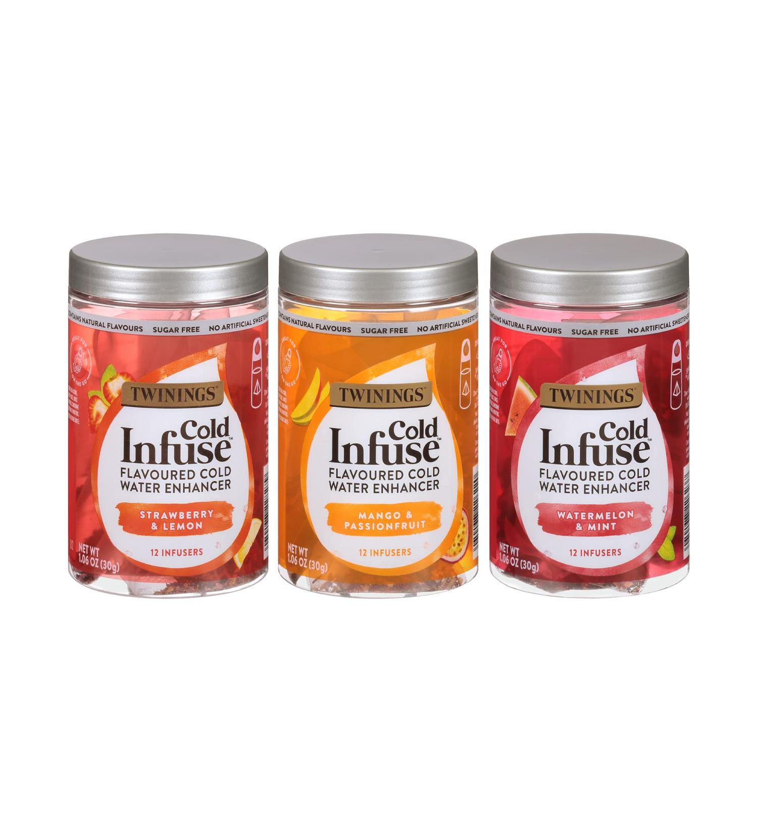 Twinings Cold Infuse Water Enhancer Tea Sampler - 12 Count Variety Pack x 3 - Strawberry-Lemon, Mango-Passionfruit, Watermelon-Mint Flavors - Buy Online on GoSupps.com
