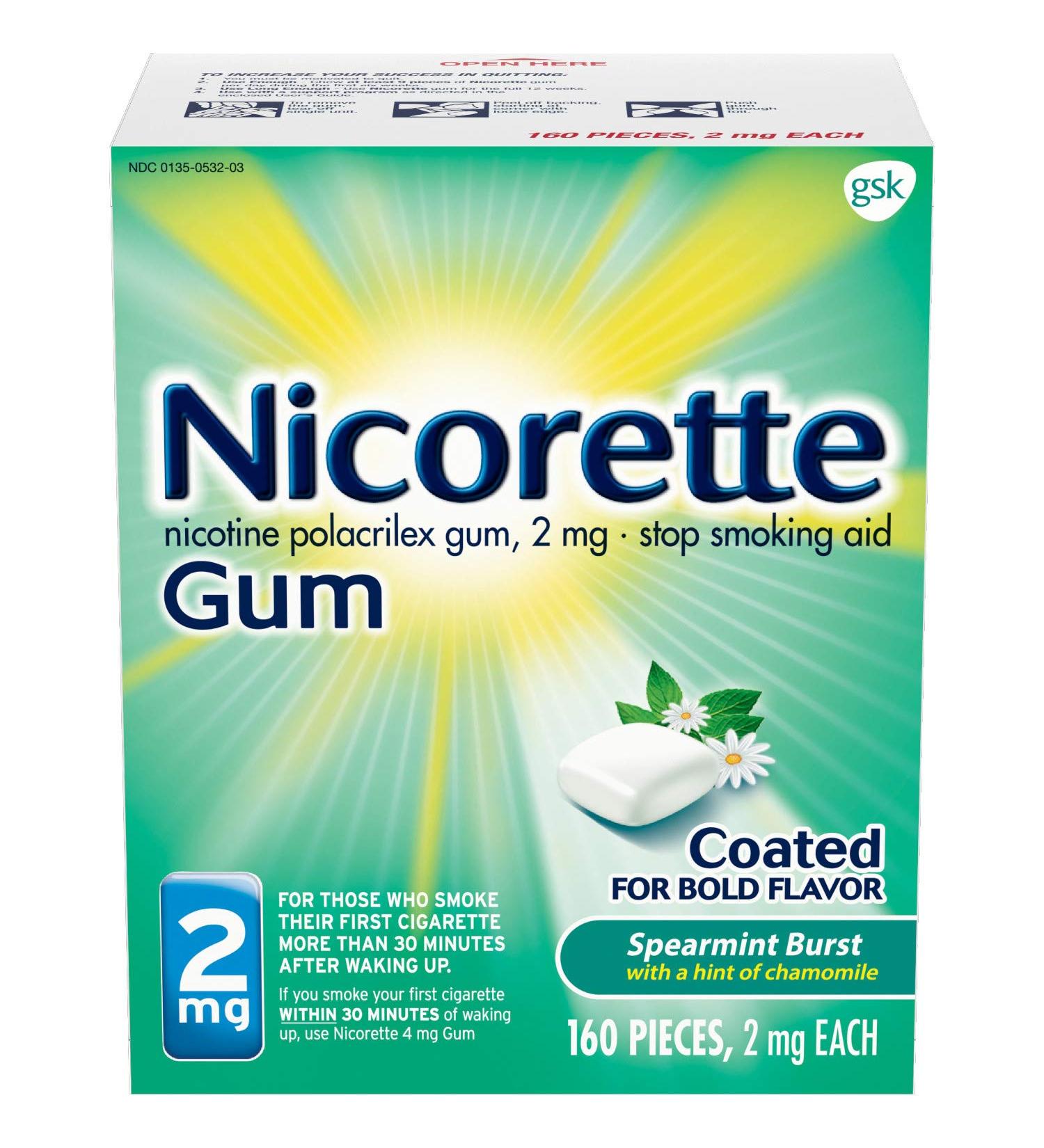Nicorette Coated 2mg Nicotine Gum to Quit Smoking - Spearmint Burst Flavored Stop Smoking Aid - 160 Count