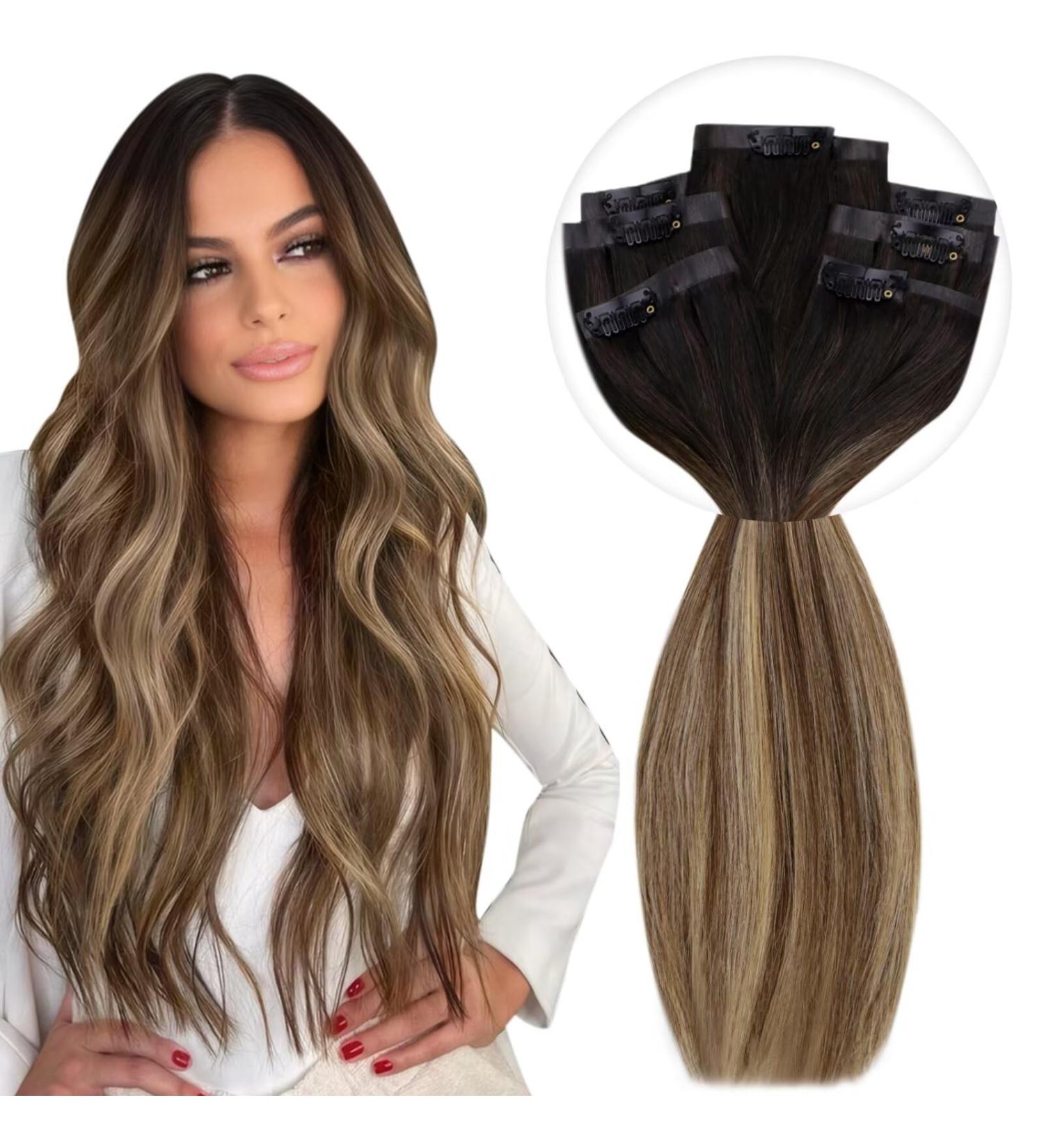 Vivien Clip In Extensions | Real Remy Hair | PU Clip In Brown & Natural Black with Caramel Blonde Highlights | 18 Inch (45cm) | 120g (7PCs) - Buy Online on GoSupps.com