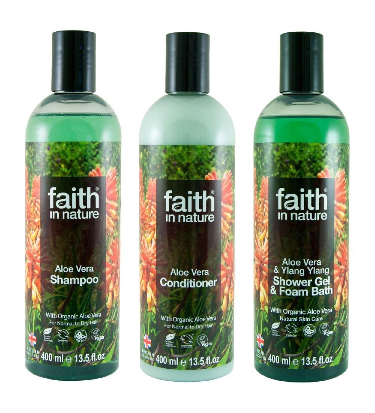 Faith In Nature Natural Aloe Vera Shampoo Conditioner & Body Wash Trio | Vegan | Cruelty Free | 99% Natural Fragrance | Free From SLS or Parabens