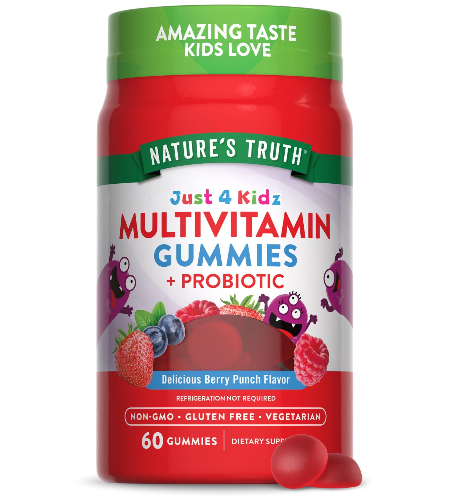 Nature's Truth Kids Multivitamin Gummies with Probiotics 60 Count Berry Punch Flavor | Vegetarian Non-GMO Gluten Free Supplement for Children's Health - Buy Online on GoSupps.com