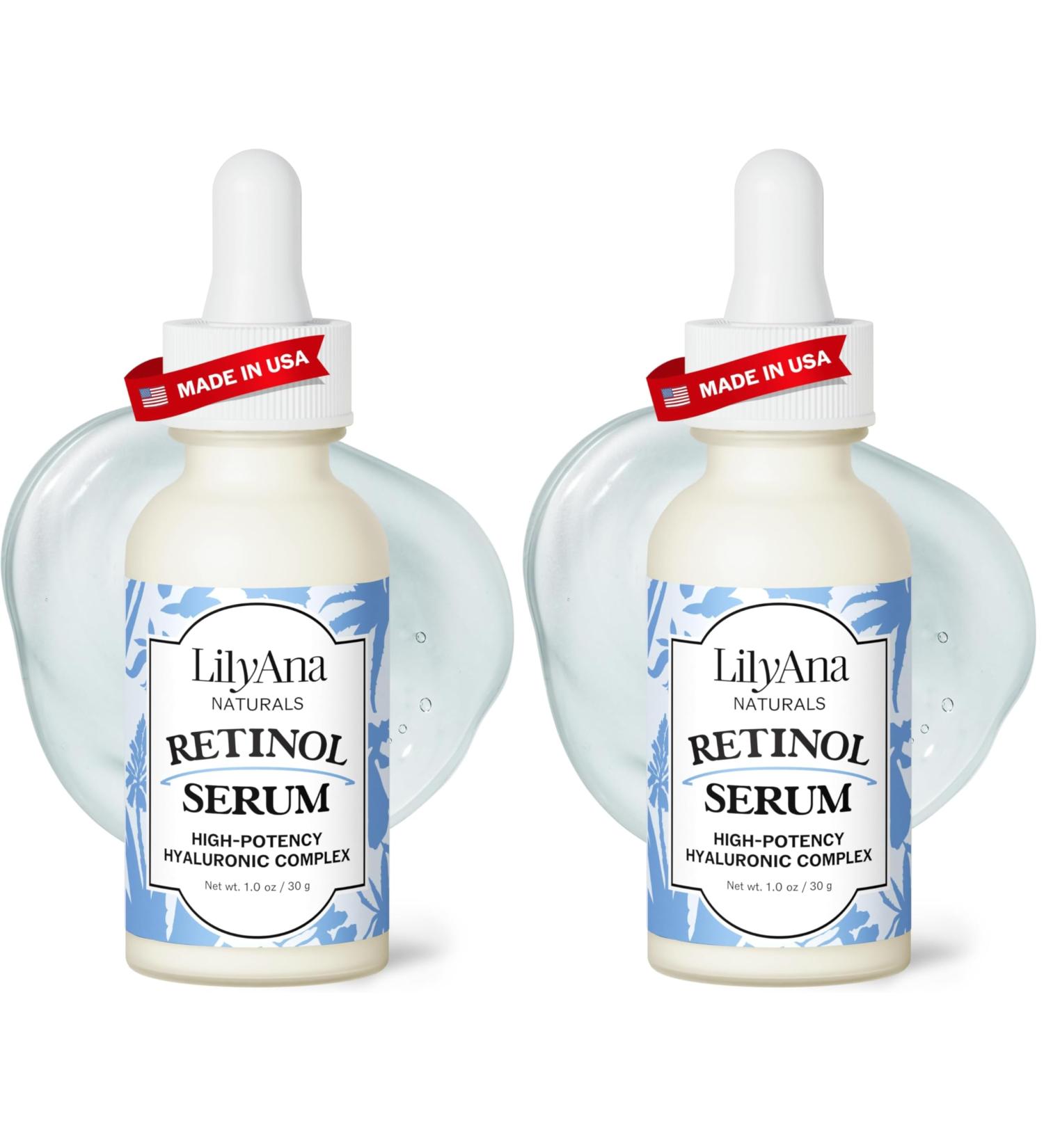 LilyAna Naturals Serum for Face - Made in USA Face Serum with Hyaluronic Acid and Vitamin E Anti Aging Serum Reduces Age Spots and Sun Damage Promotes Collagen and Elastin (Retinol 1oz) 1 Fl Oz (Pack of 2)