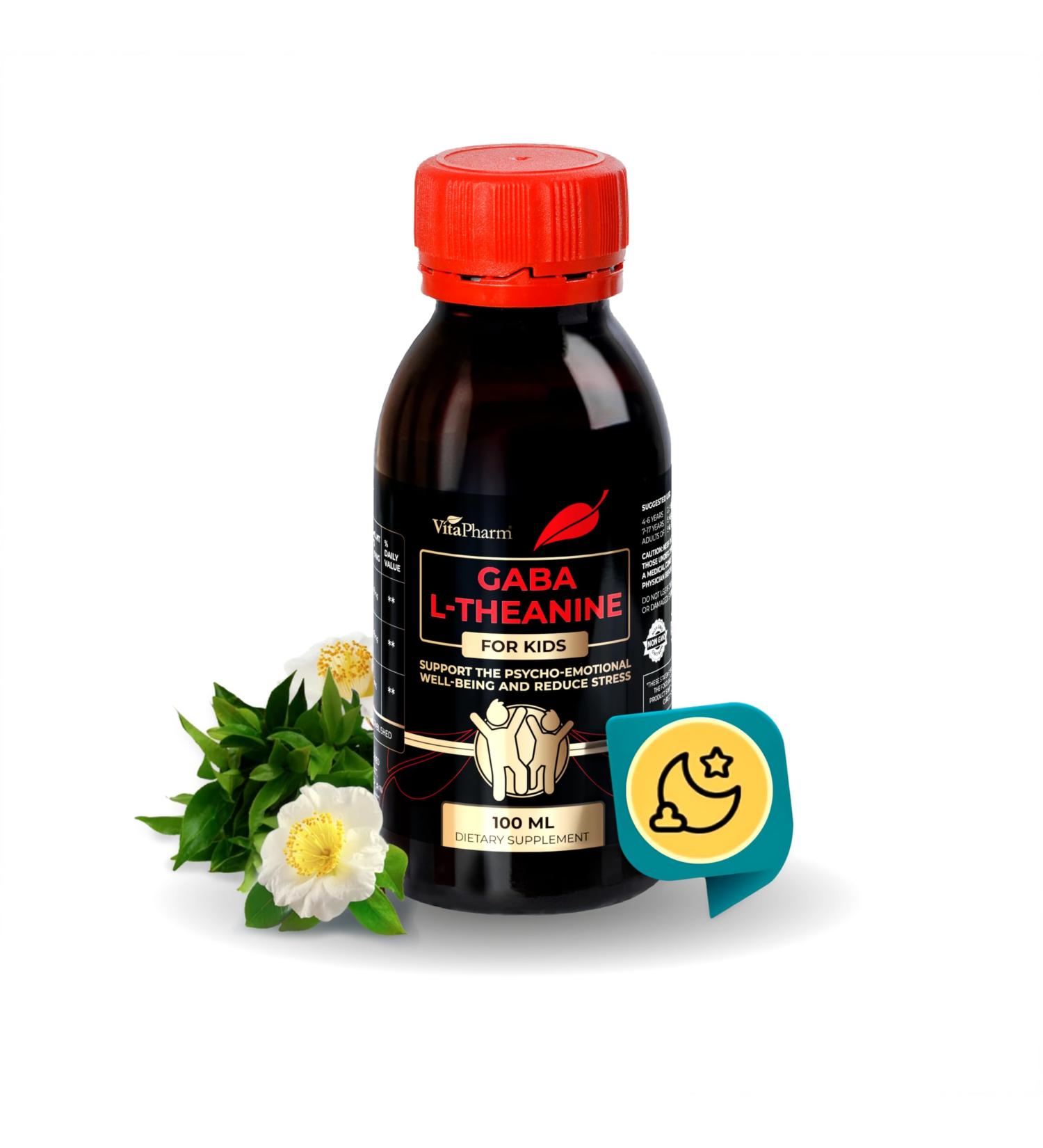 VitaPharm GABA L-Theanine Supplement for Kids - Liquid GABA with Vitamin B6 - Supports Emotional Well-Being, Stress Relief, Relaxation, and Cognitive Health - 100 ml Non-GMO L-Theanine Liquid Formula - Buy Online on GoSupps.com