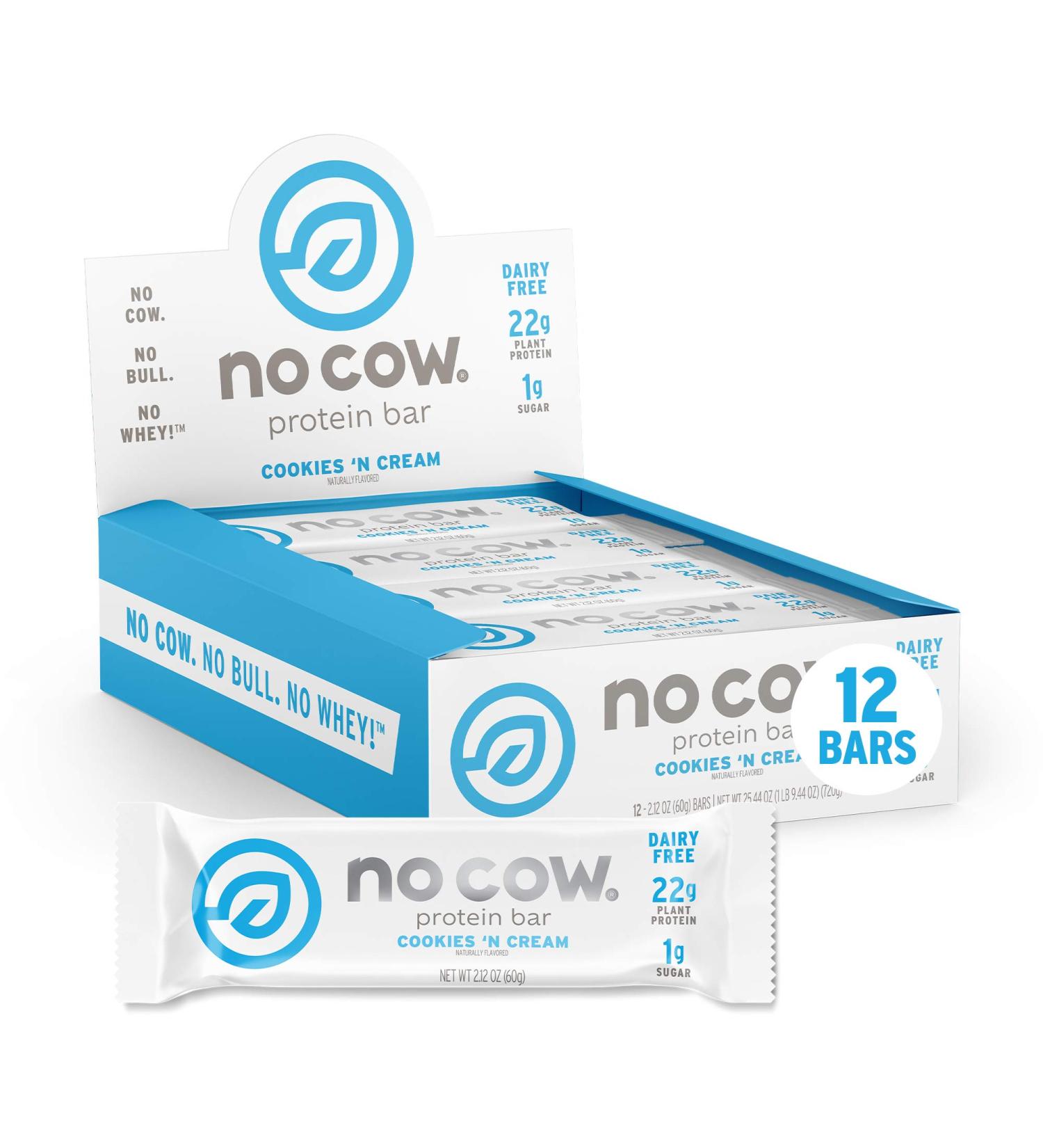 No Cow Protein Bar - Cookies N Cream Flavor, 2.12 oz (60g) | Dairy-Free, High Protein Snack - Buy Online on GoSupps.com