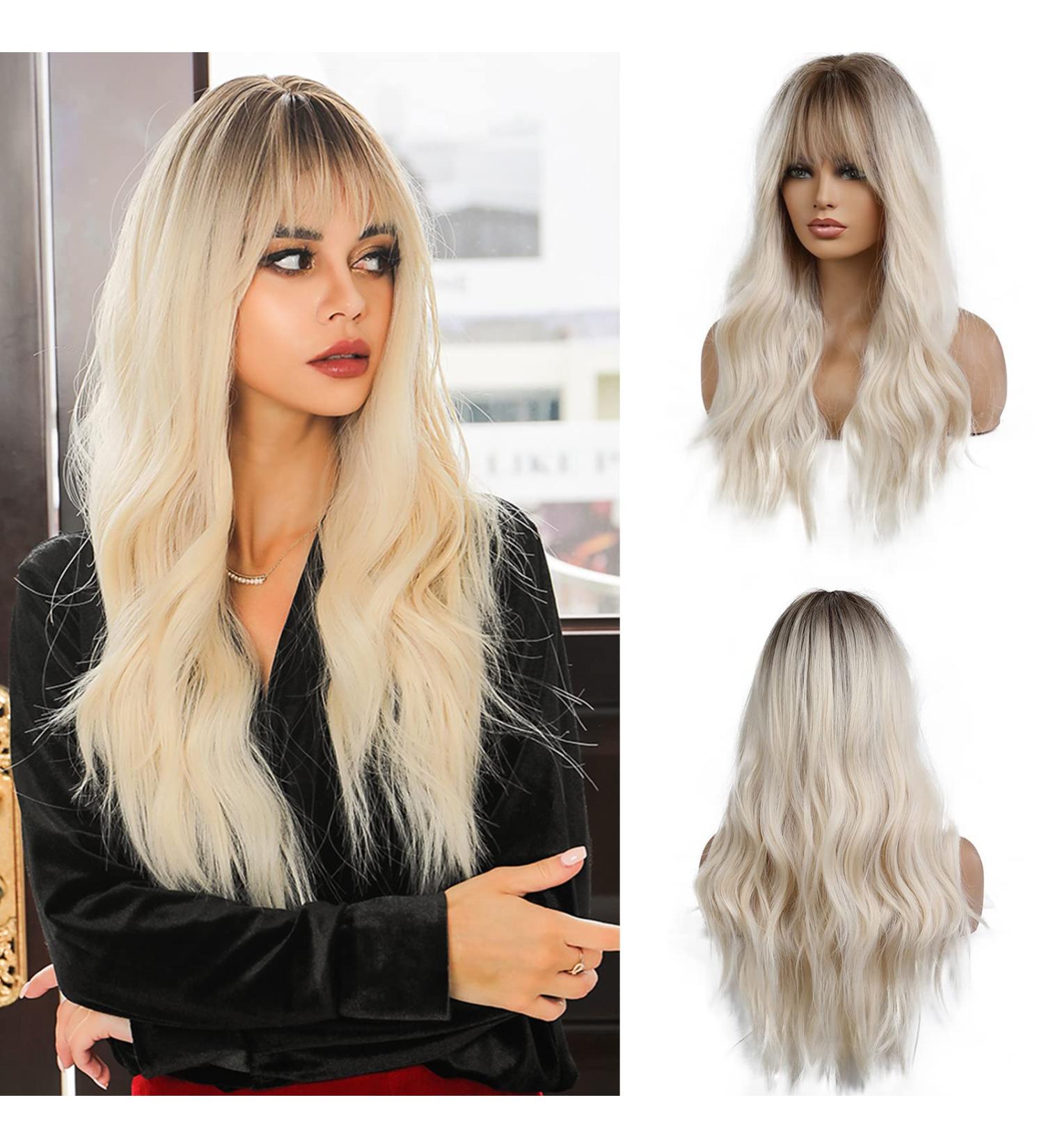 Esmee 26 Blonde Wig with Bangs - Ombre Wavy Synthetic Hair with Dark Roots | Perfect for Daily Wear, Parties, and Cosplay - Buy Online on GoSupps.com