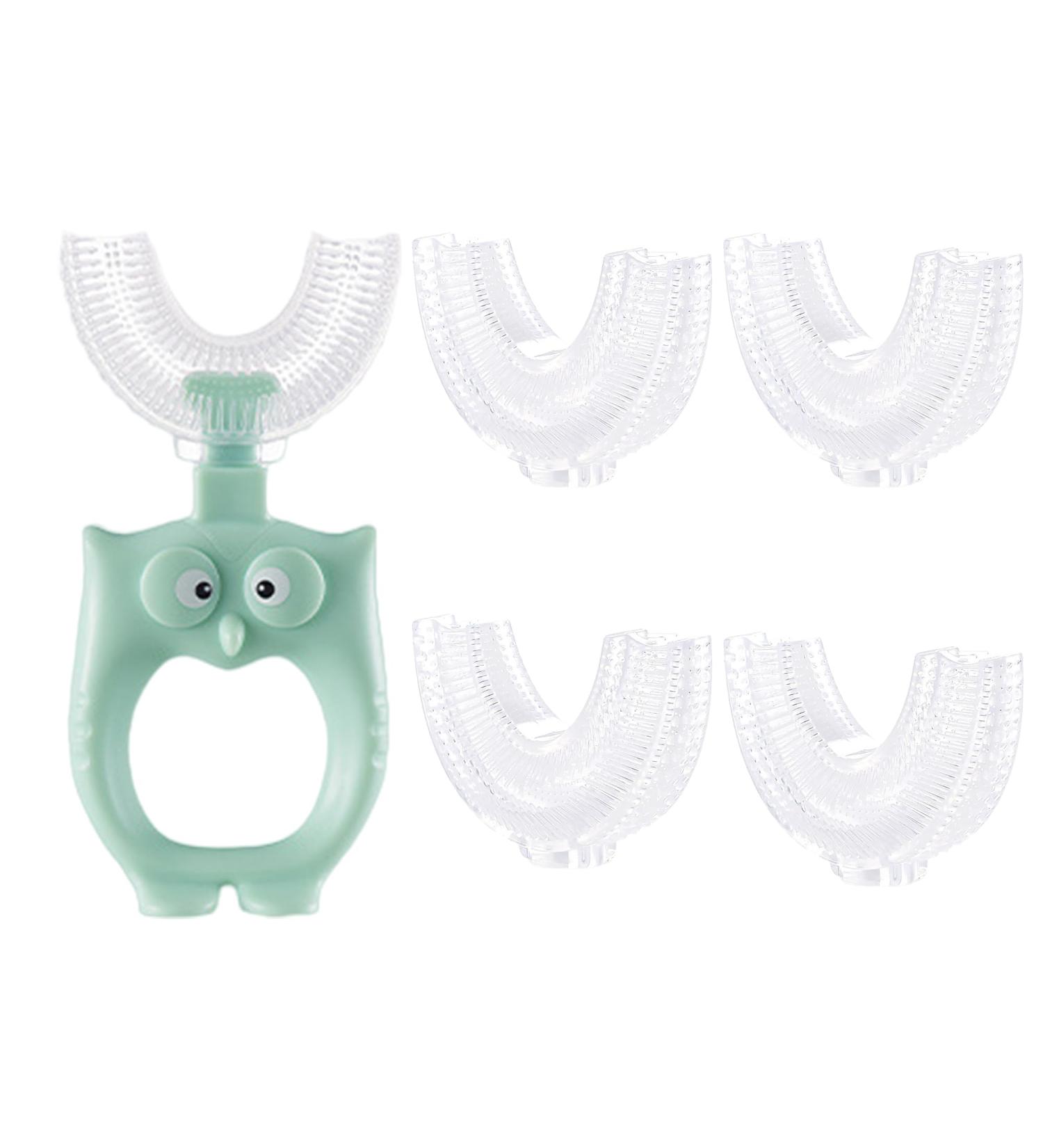 360 U-Shaped Toothbrush for Toddlers & Kids (Ages 2-8) - Eco-Friendly Green Owl 4 Heads & 7 Fun Stickers - Buy Online on GoSupps.com