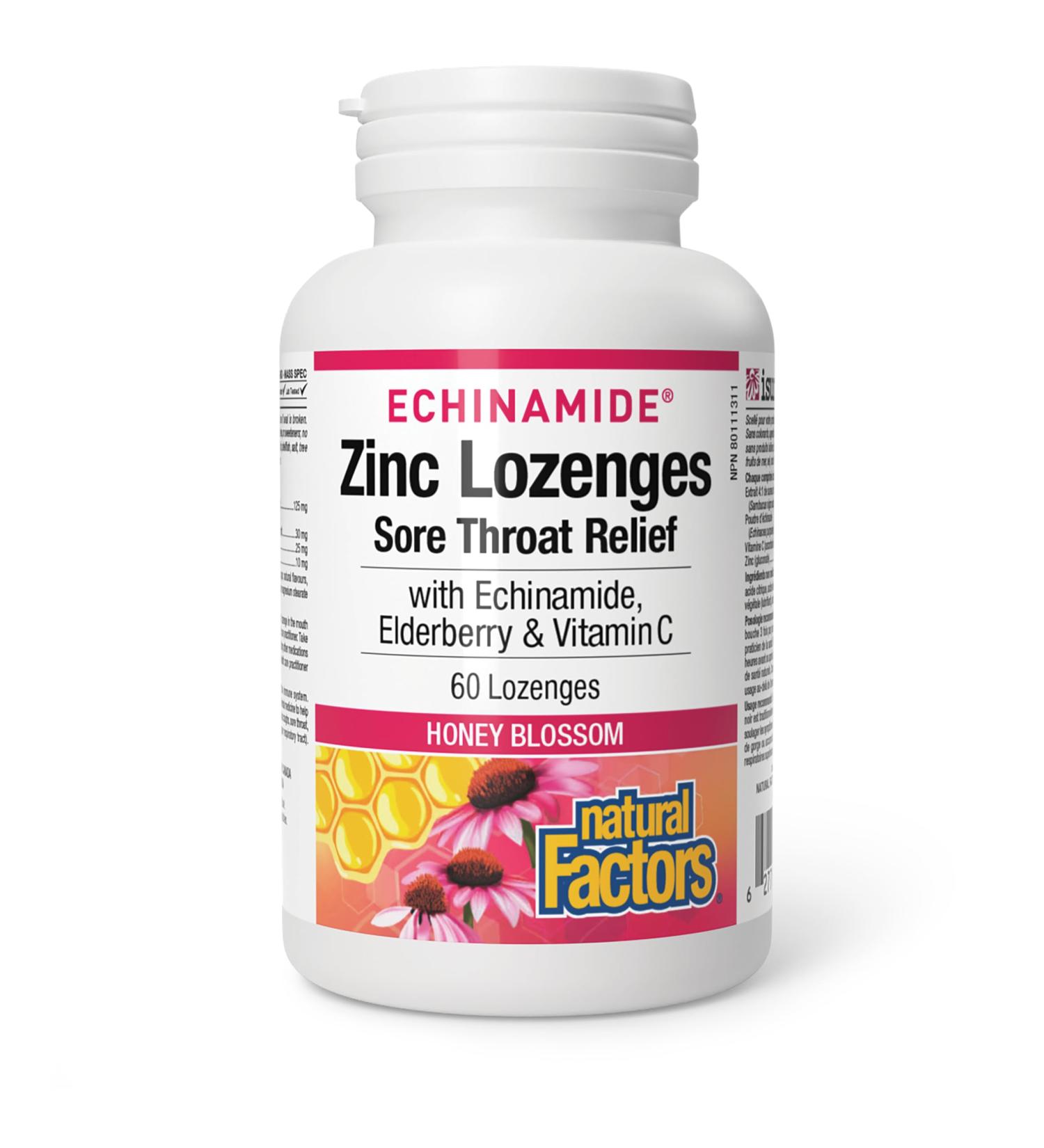 Natural Factors Zinc Lozenges Honey Blossom Flavour 60 lozenges with Echinamide Elderberry & Vitamin C Sore Throat Relief Helps Maintain Immune Function - Buy Online on GoSupps.com