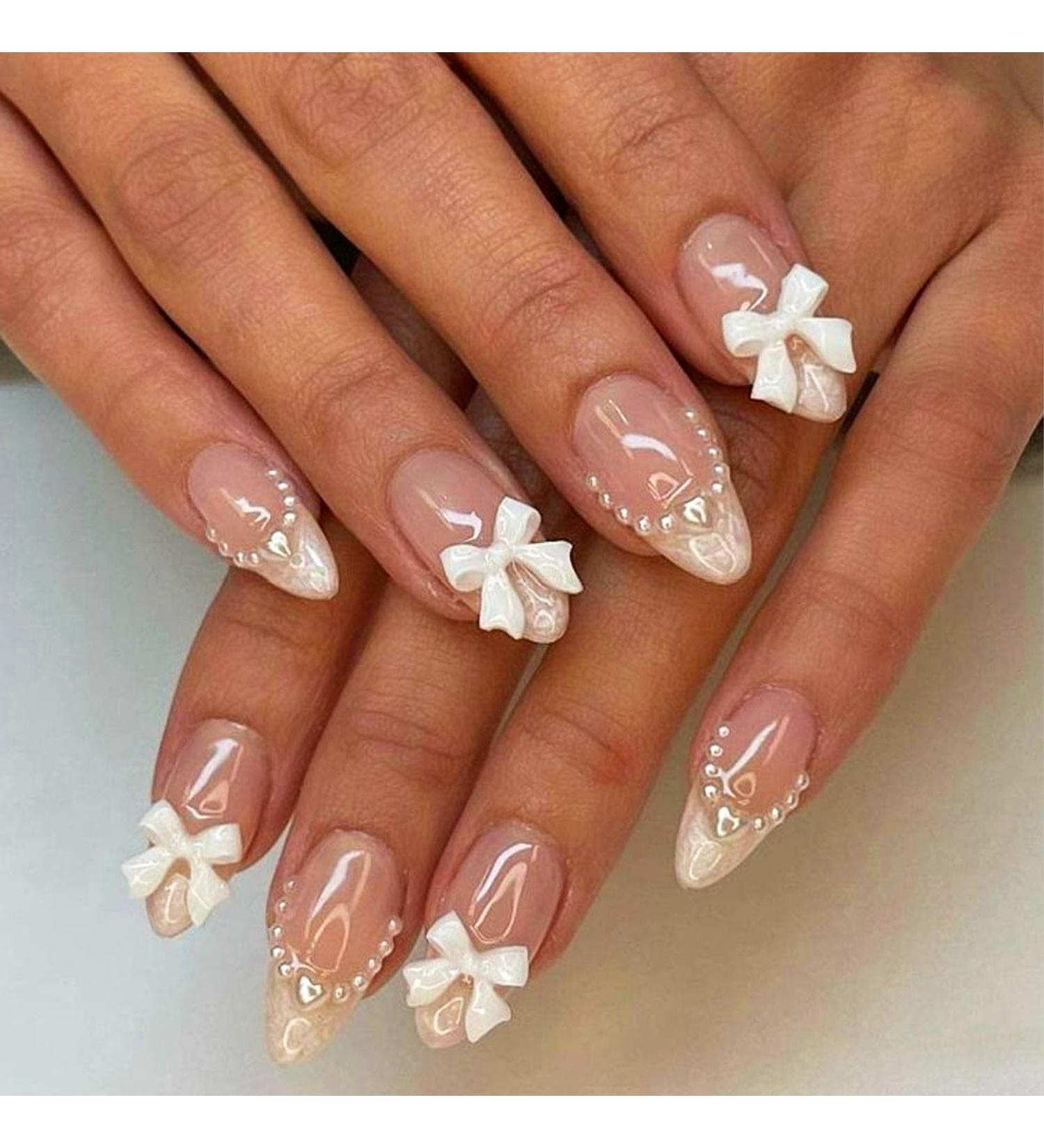 White French Tip Press on Nails - Almond Medium Glue-on Acrylic Nails with Pearls & Bow Designs | 24pcs Glossy False Nails for Women & Girls - Buy Online on GoSupps.com
