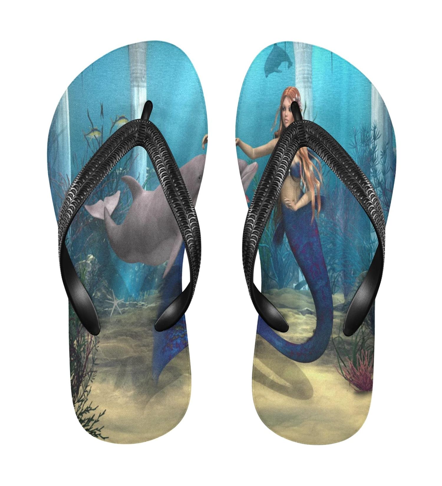 Mnsruu Multicolored Flip-Flops - Dolphin & Mermaid Design | XL for Men & Women | Perfect for Home Hotel Spa & Travel - Buy Online on GoSupps.com