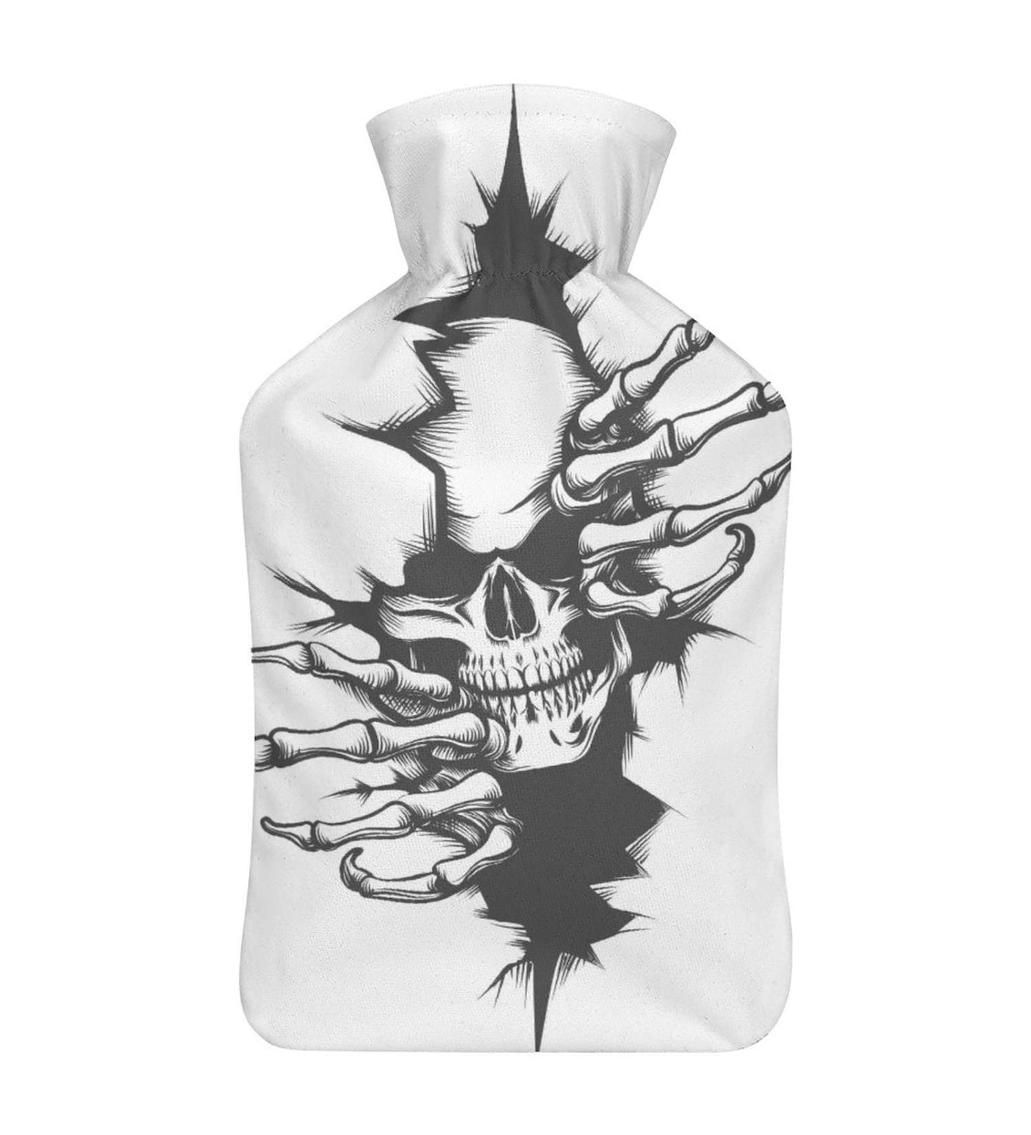 Black White Skull Hot Water Bottle with Plush Cover - Hand Warmer for Adults & Kids | 26.5x15.3cm - Ideal for Comfort & Relaxation - Buy Online on GoSupps.com