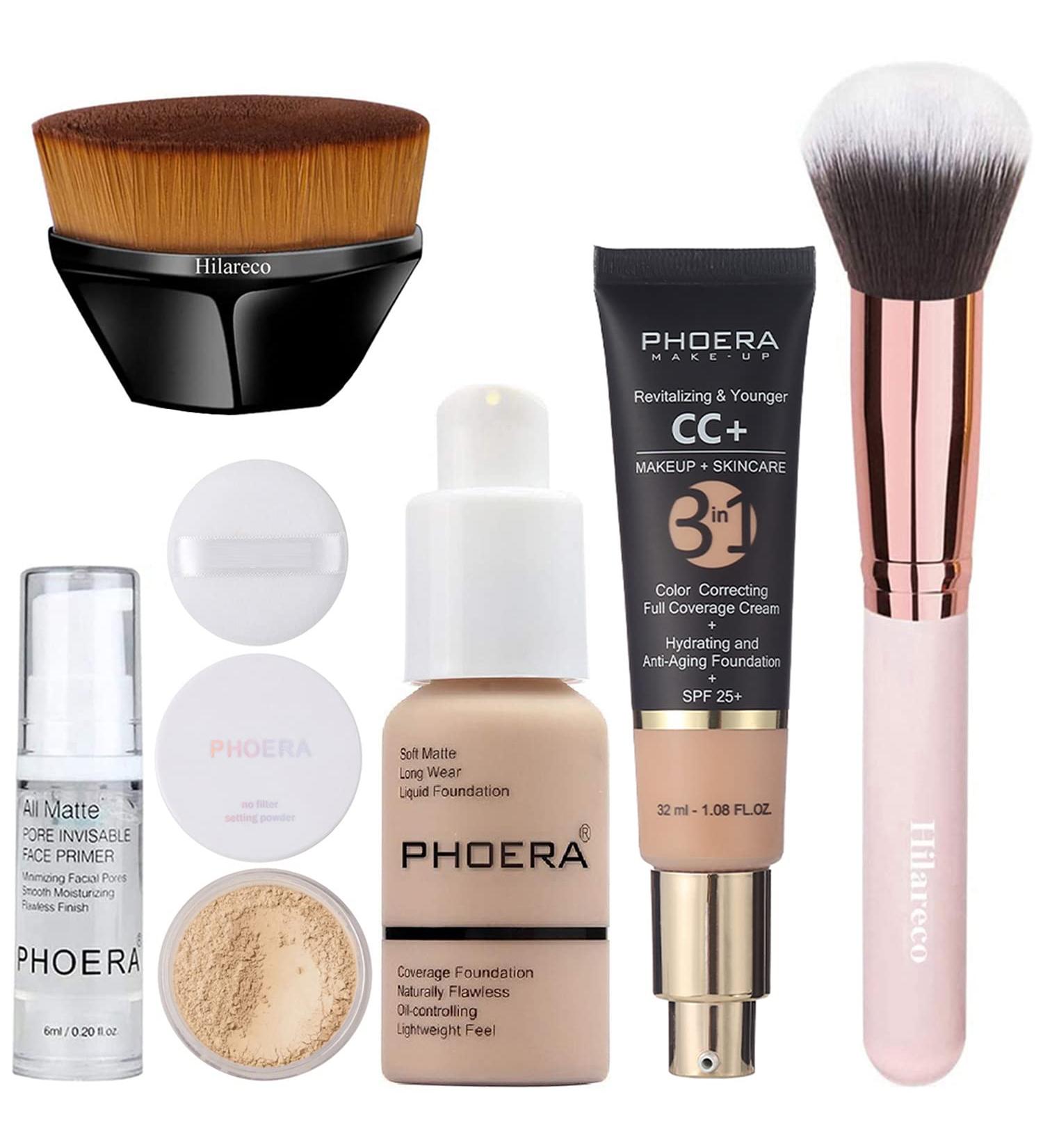 PHOERA Full Coverage Foundation, CC Cream, Primer, Powder & Makeup Set with Kabuki Brushes - 102 Nude + 120 Nude - Buy Online on GoSupps.com