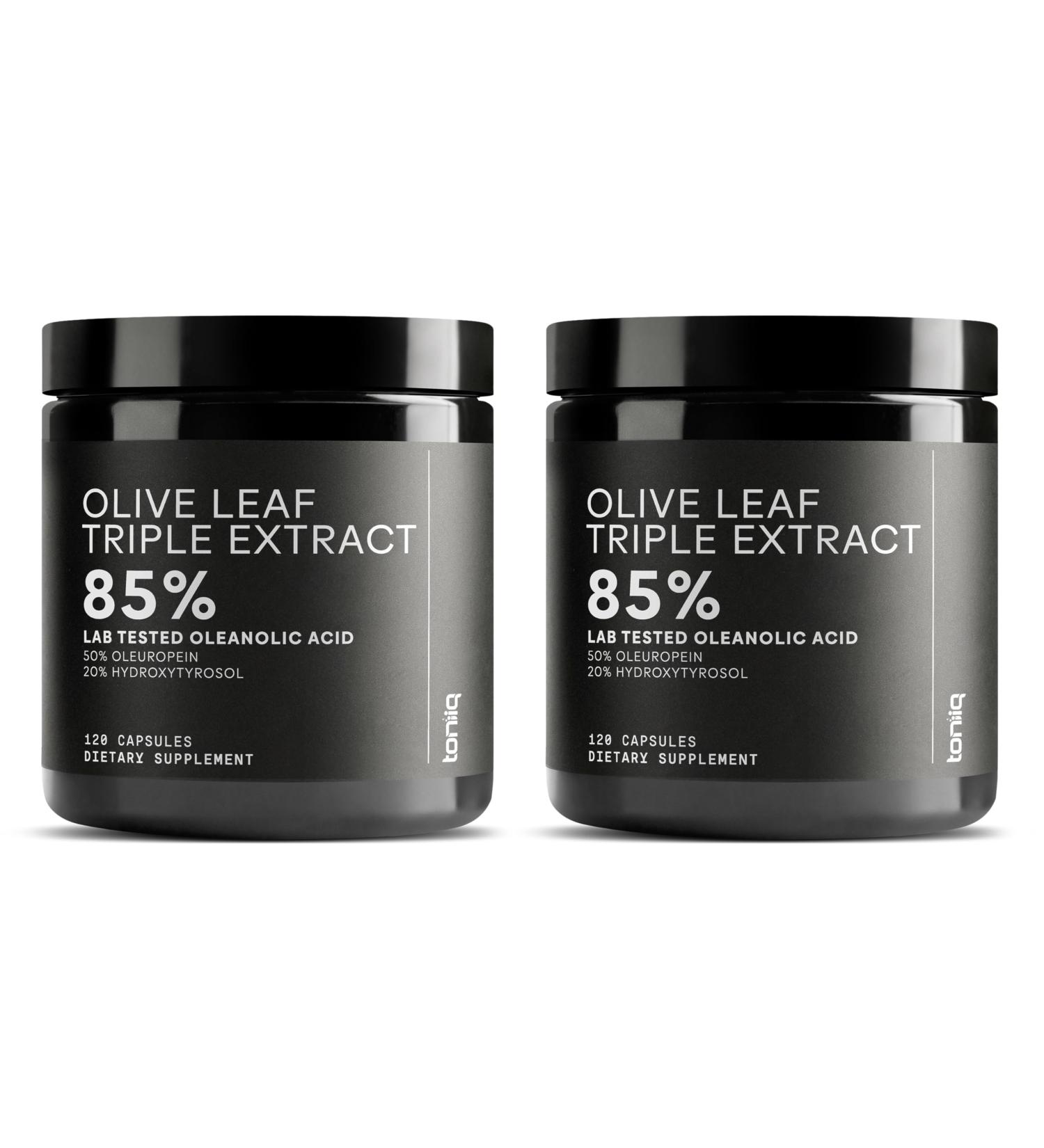 Toniiq 46 620 mg Olive Leaf Extract Complex with 85% Oleanolic Acid 50% Oleuropein & 20% Hydroxytyrosol - 50:1 Extract Ratio 1000mg Extract Per Serving Third-Party Tested 240 Capsules - Buy Online on GoSupps.com