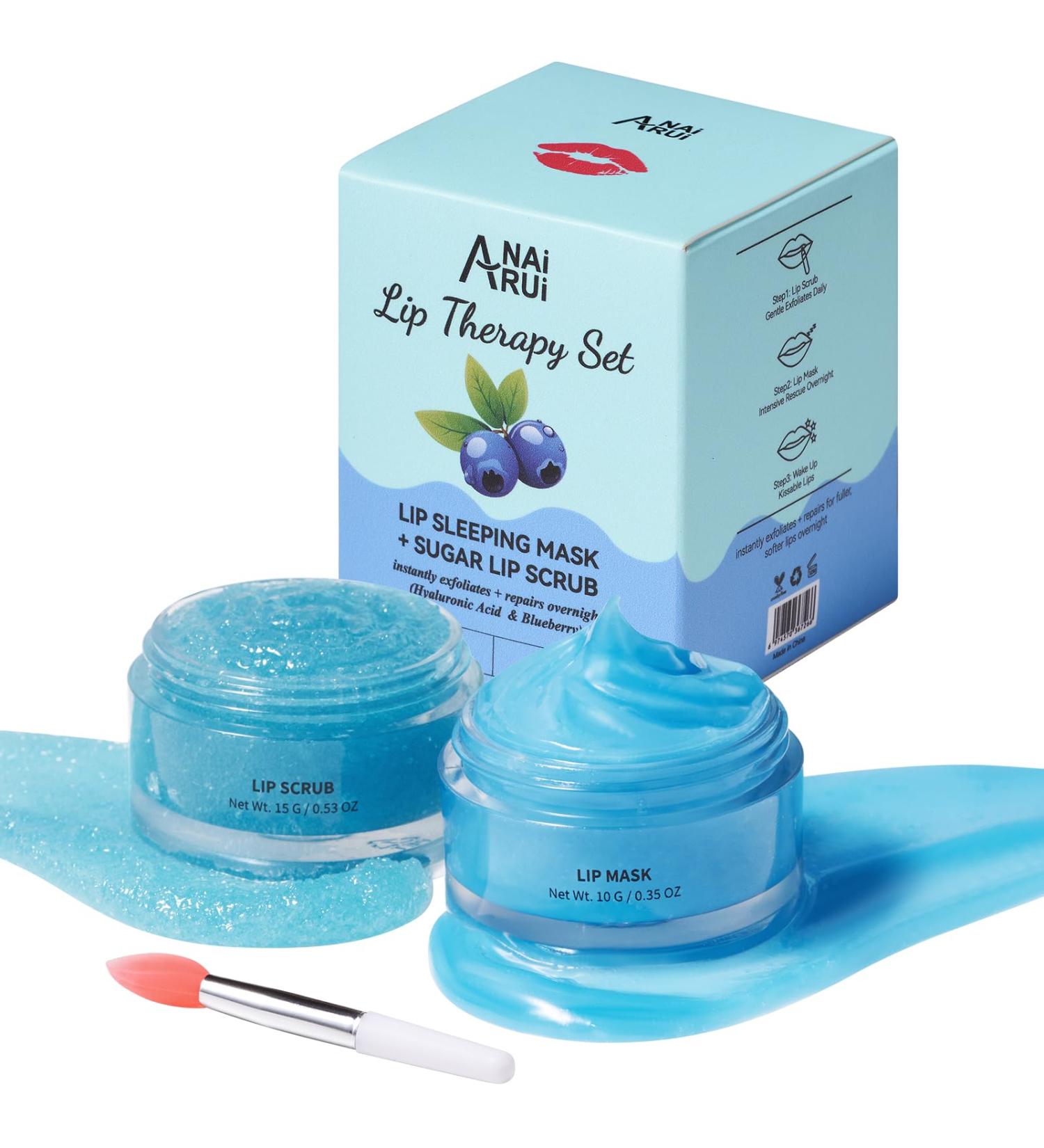 ANAI RUI Lip Therapy Set - Moisturizing Lip Scrub & Sleeping Mask for Soft Lips | Best Gift for Dry & Chapped Lips | Blueberry Flavor - Buy Online on GoSupps.com