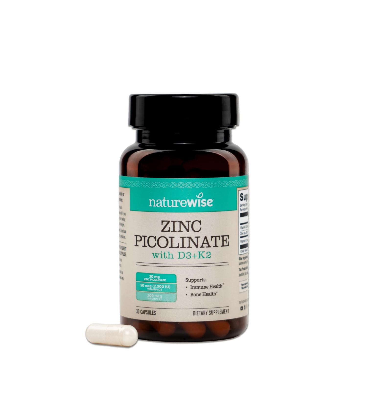NatureWise Zinc Picolinate with D3 + K2 - Zinc Supplements for Men & Women + Vitamin D3 K2 - Supports Immune & Bone Health* - Non-GMO Gluten Free USA Manufactured - 30 Capsules 30 Day Supply Unflavored 30 Count (Pack of 1) - Buy Online on GoSupps.com