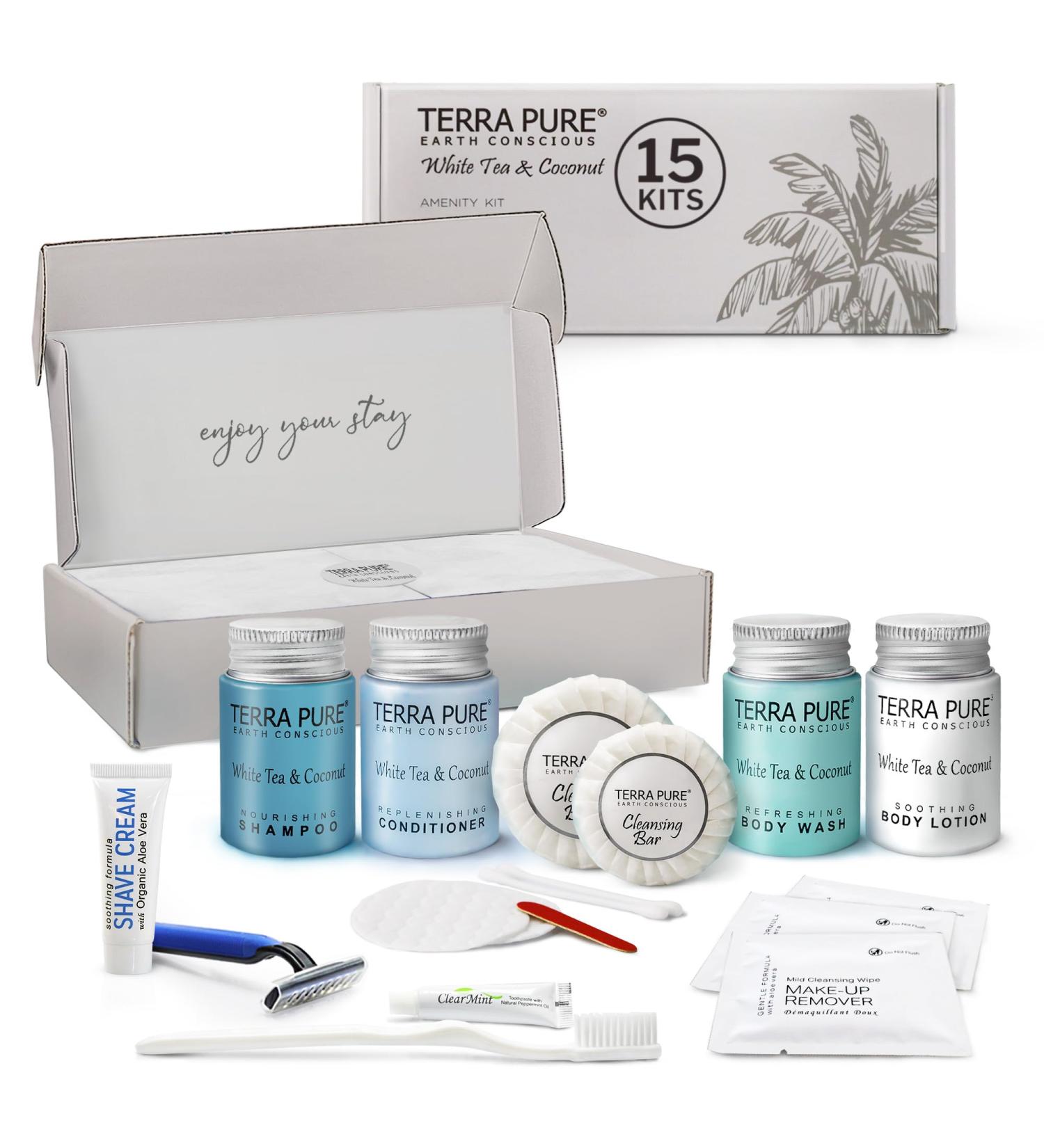 Terra Pure White Tea & Coconut Amenity Kit | Travel Size Shampoo Conditioner Lotion & More | 75 Pieces - Eco-Friendly Luxury Accessories for Hospitality - Buy Online on GoSupps.com