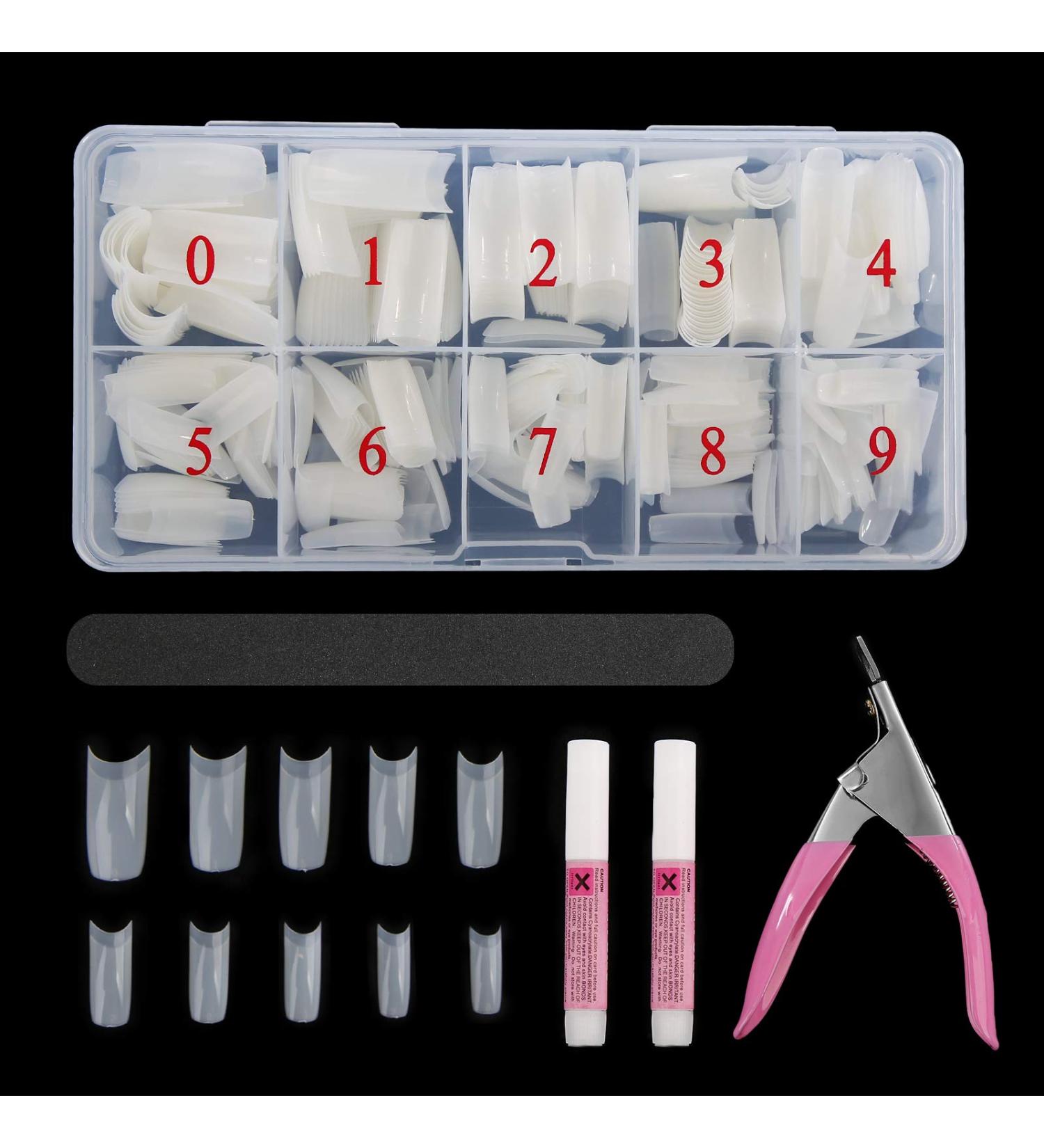 Abodhu Natural Coffin Shape Fake Nails Set | 500 Acrylic Nail Tips with Glue, File, & Clipper | French Half-Cover False Nails | Manicure Kit in 10 Sizes - Buy Online on GoSupps.com