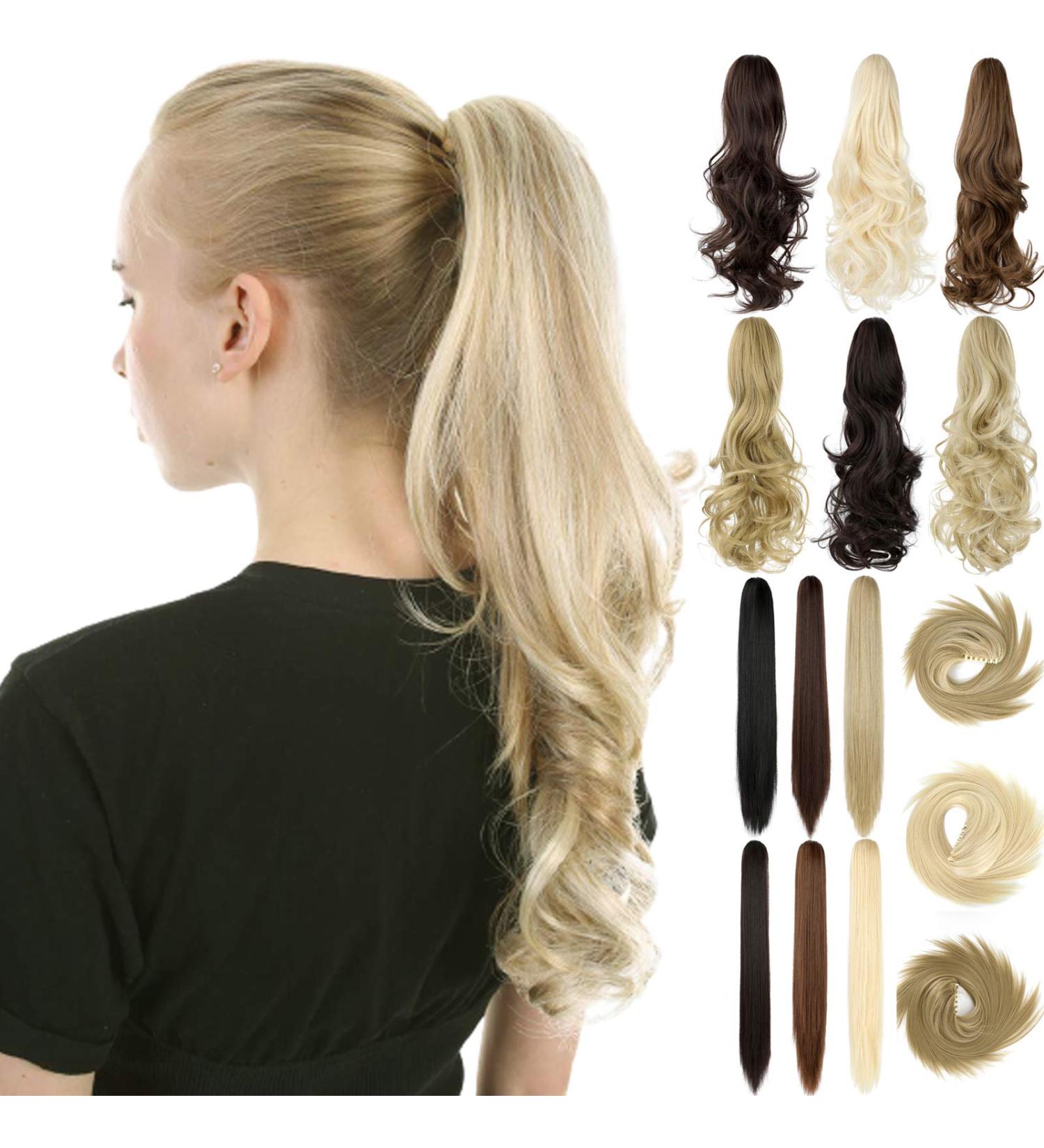Ponytail Extension Clip in 18-20 Inch Long Wavy/Straight Wrap Around Hairpiece Light Blonde Mix Bleach Blonde - Curly Claw Style for Women/Girls - Buy Online on GoSupps.com