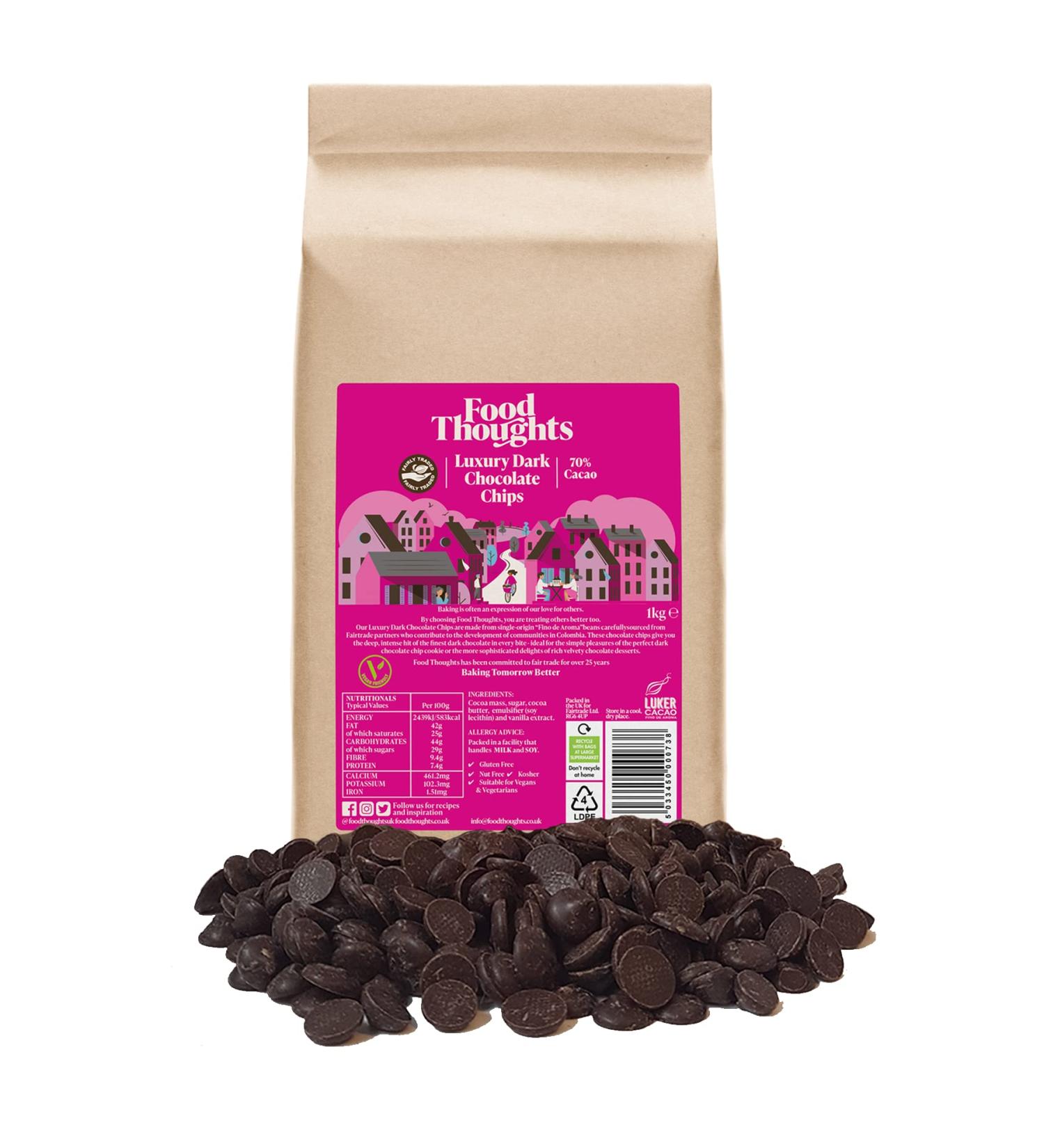 Food Thoughts Luxury 70% Dark Chocolate Chips 1kg - Fair Trade, Gluten Free, Nut Free, Dairy Free - Buy Online on GoSupps.com